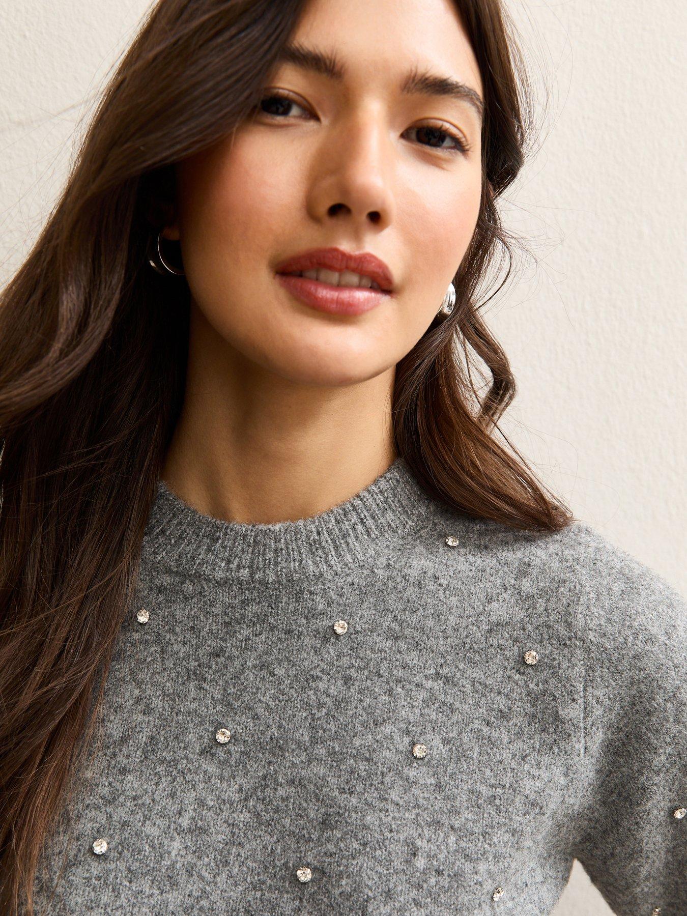  image of new-look-mid-grey-diamanteacute-embellished-short-sleeve-top