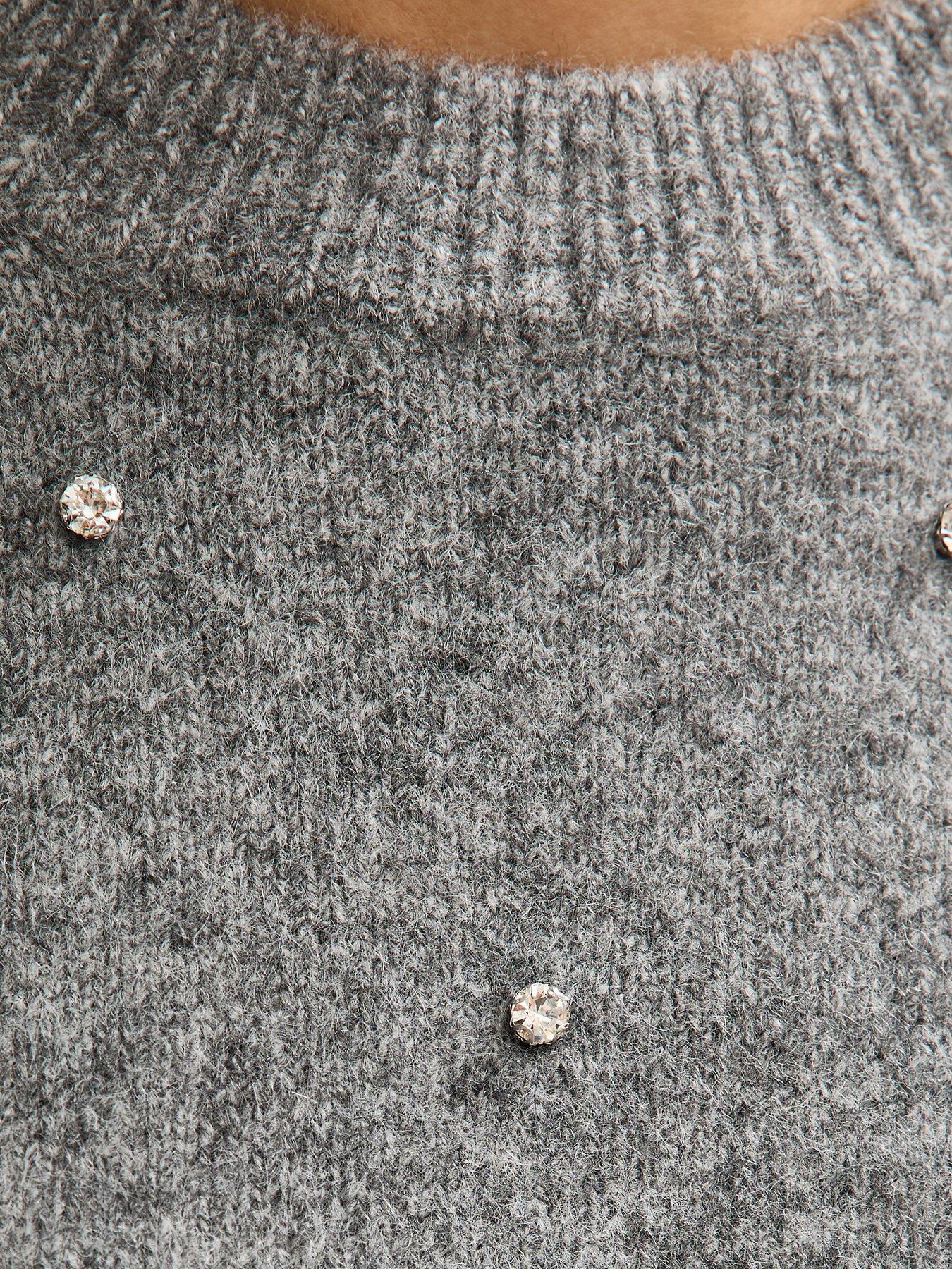  image of new-look-mid-grey-diamanteacute-embellished-short-sleeve-top