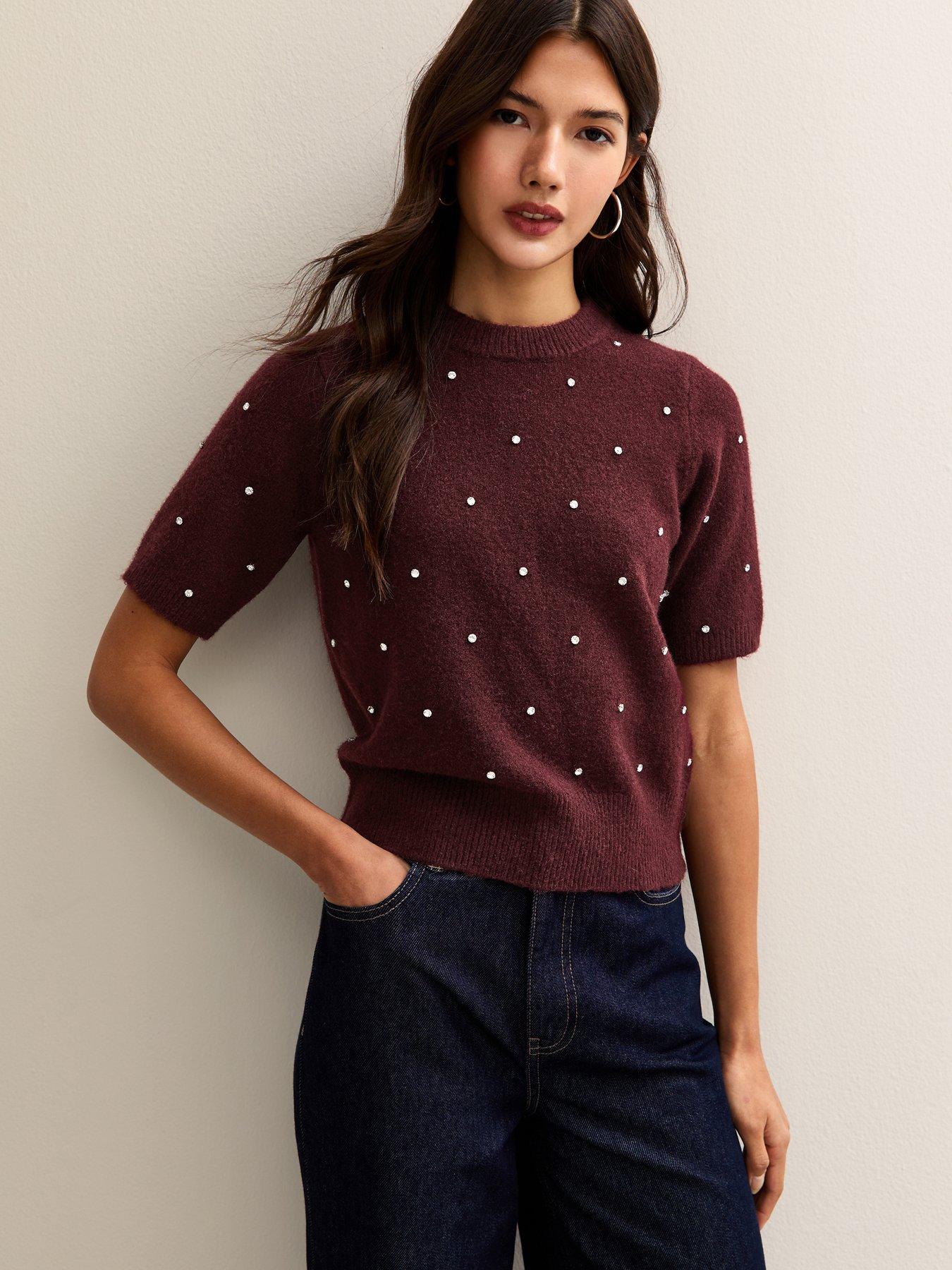 New Look Dark Burgundy Diamanté Embellished Short Sleeve Top