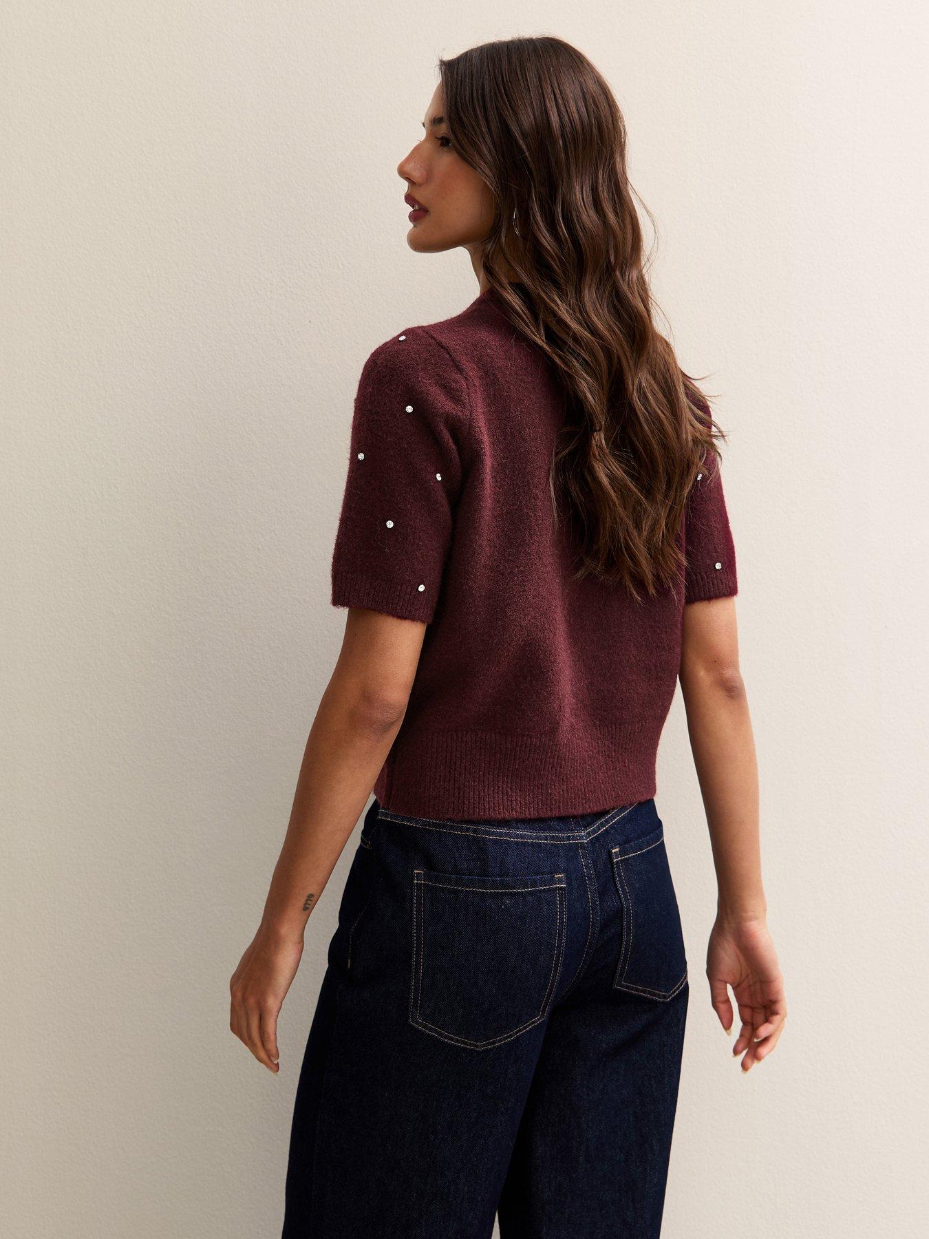  image of new-look-dark-burgundy-diamanteacute-embellished-short-sleeve-top