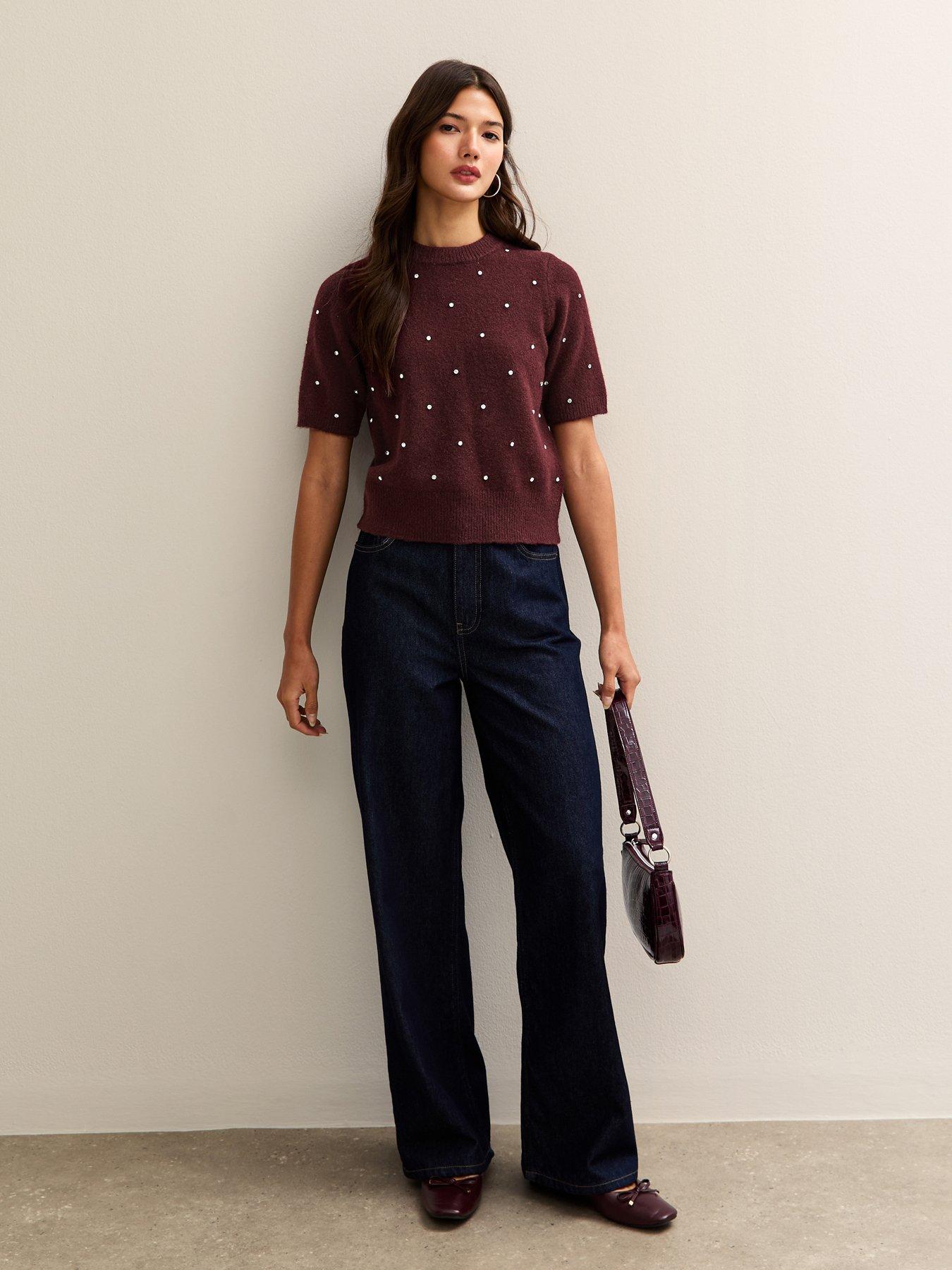  image of new-look-dark-burgundy-diamanteacute-embellished-short-sleeve-top