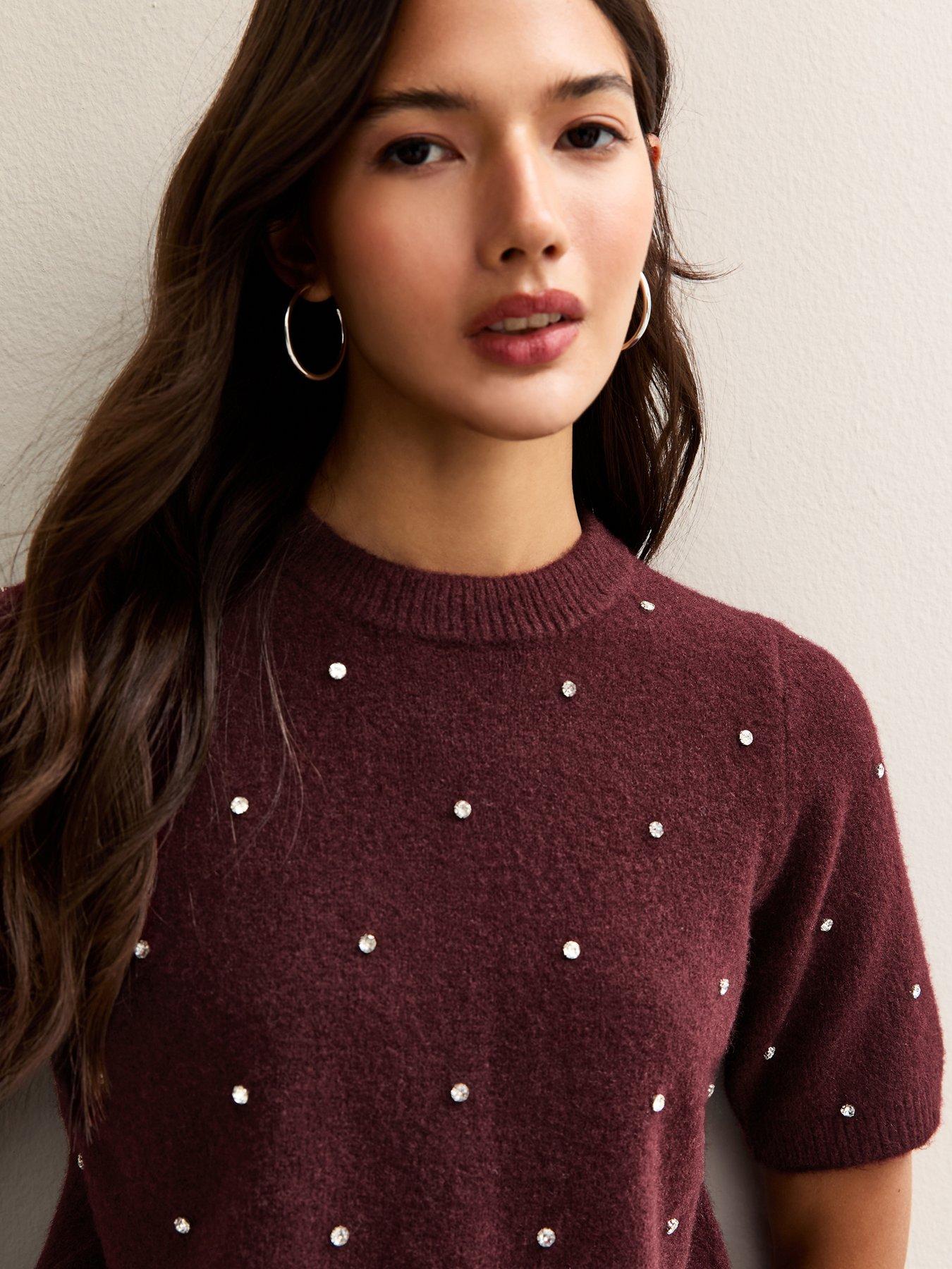 image of new-look-dark-burgundy-diamanteacute-embellished-short-sleeve-top