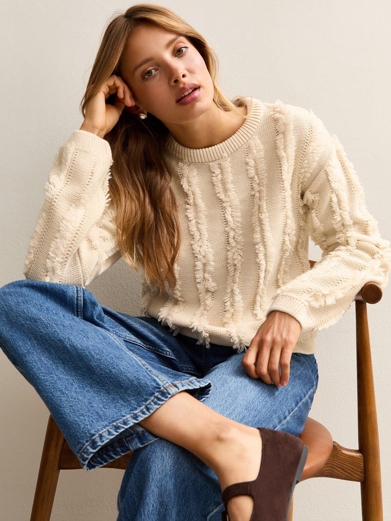 New Look Fringed Knit Jumper - Beige
