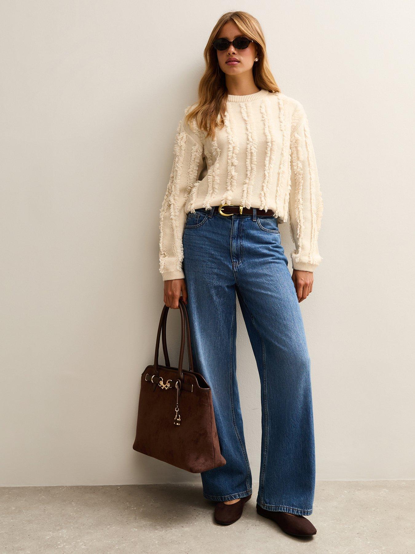  image of new-look-fringed-knit-jumper-beige