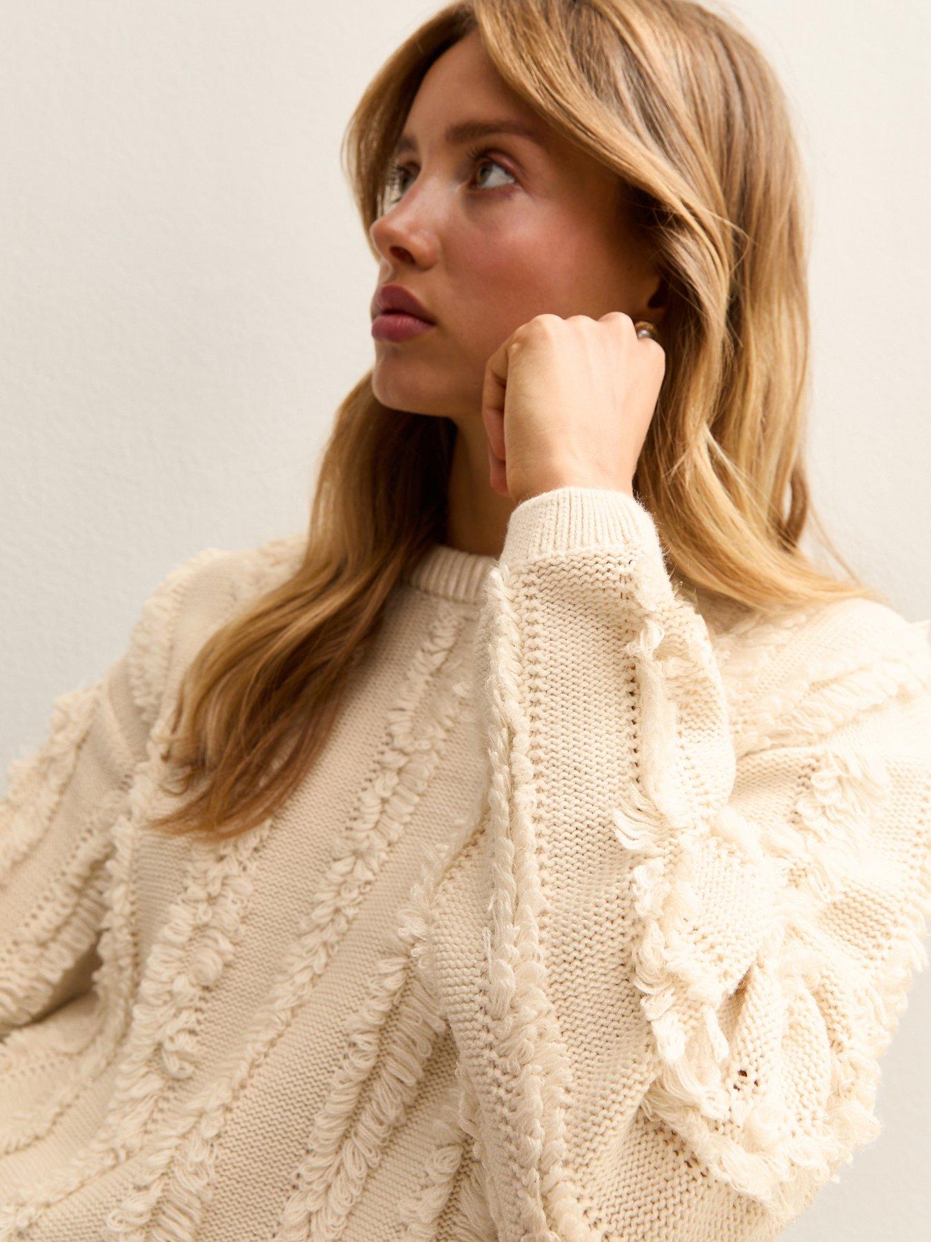  image of new-look-fringed-knit-jumper-beige