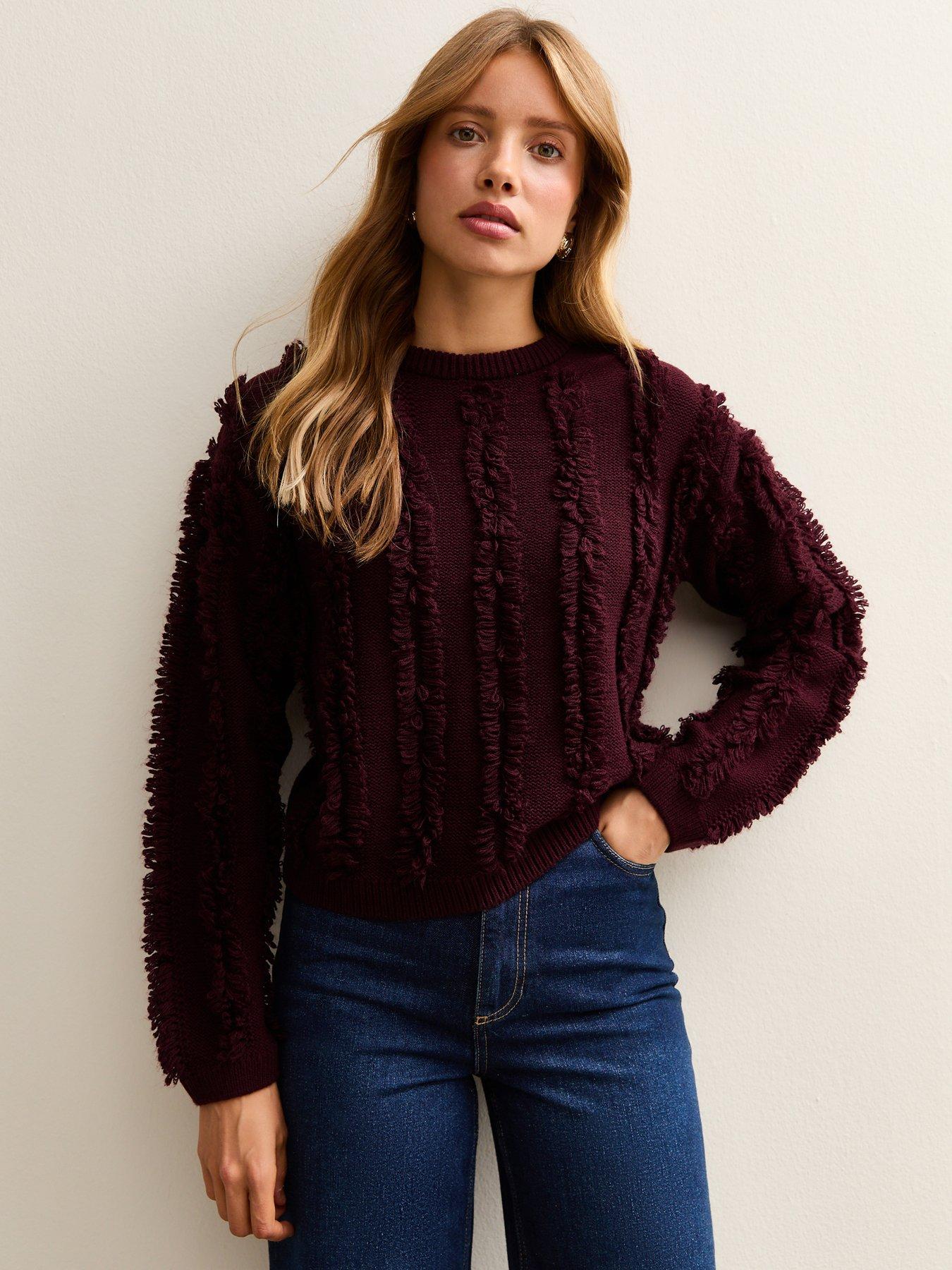 New Look Fringed Knit Jumper - Burgundy