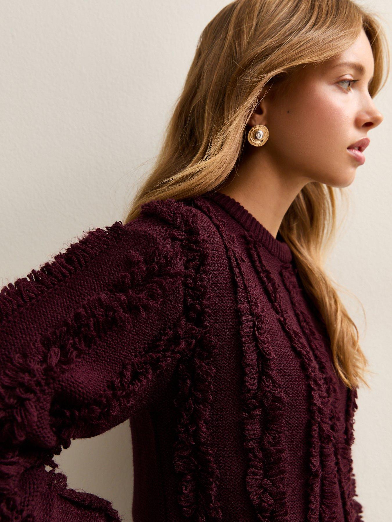  image of new-look-fringed-knit-jumper-burgundy