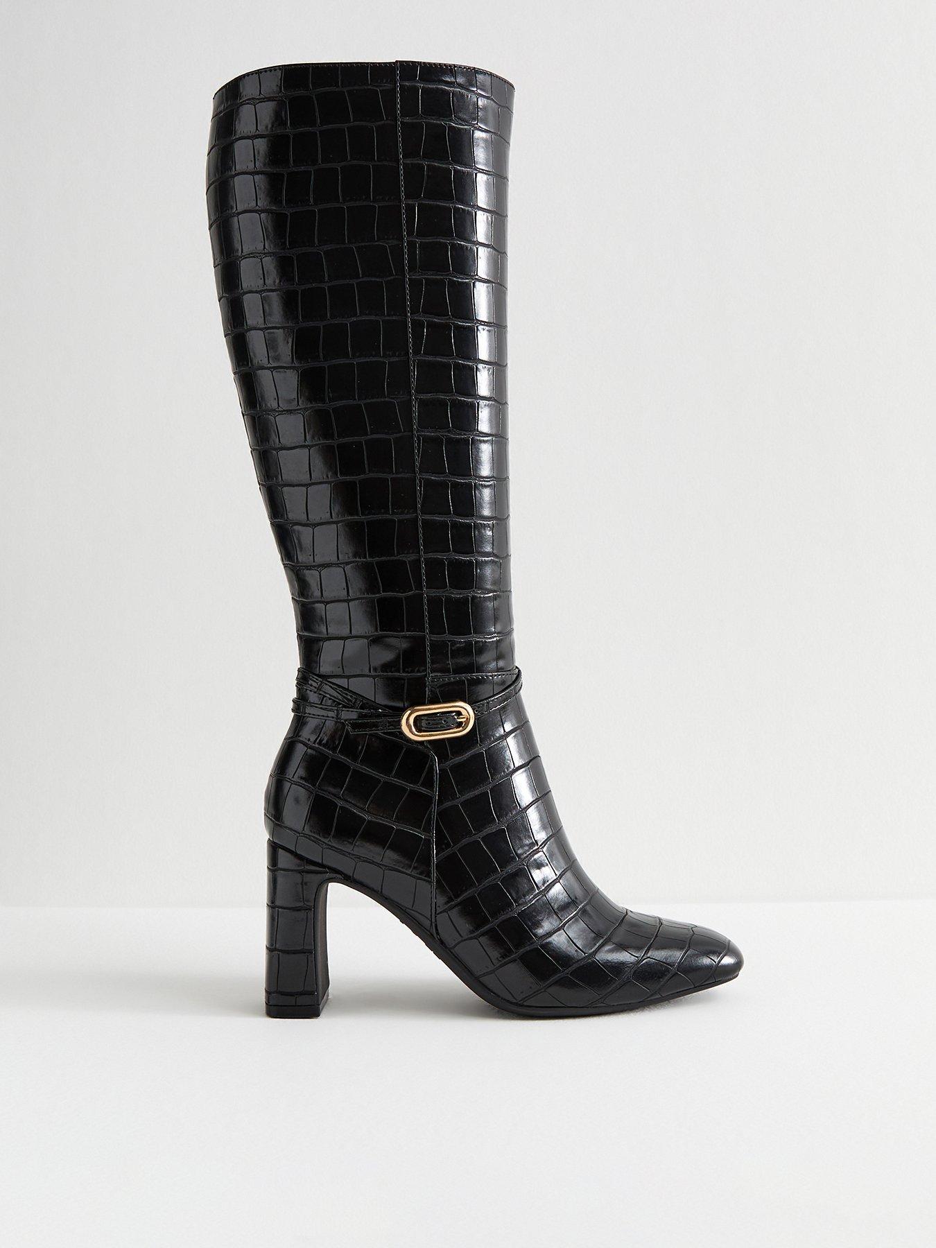 New Look Snakeskin Effect Faux Leather Knee High Boots - Black