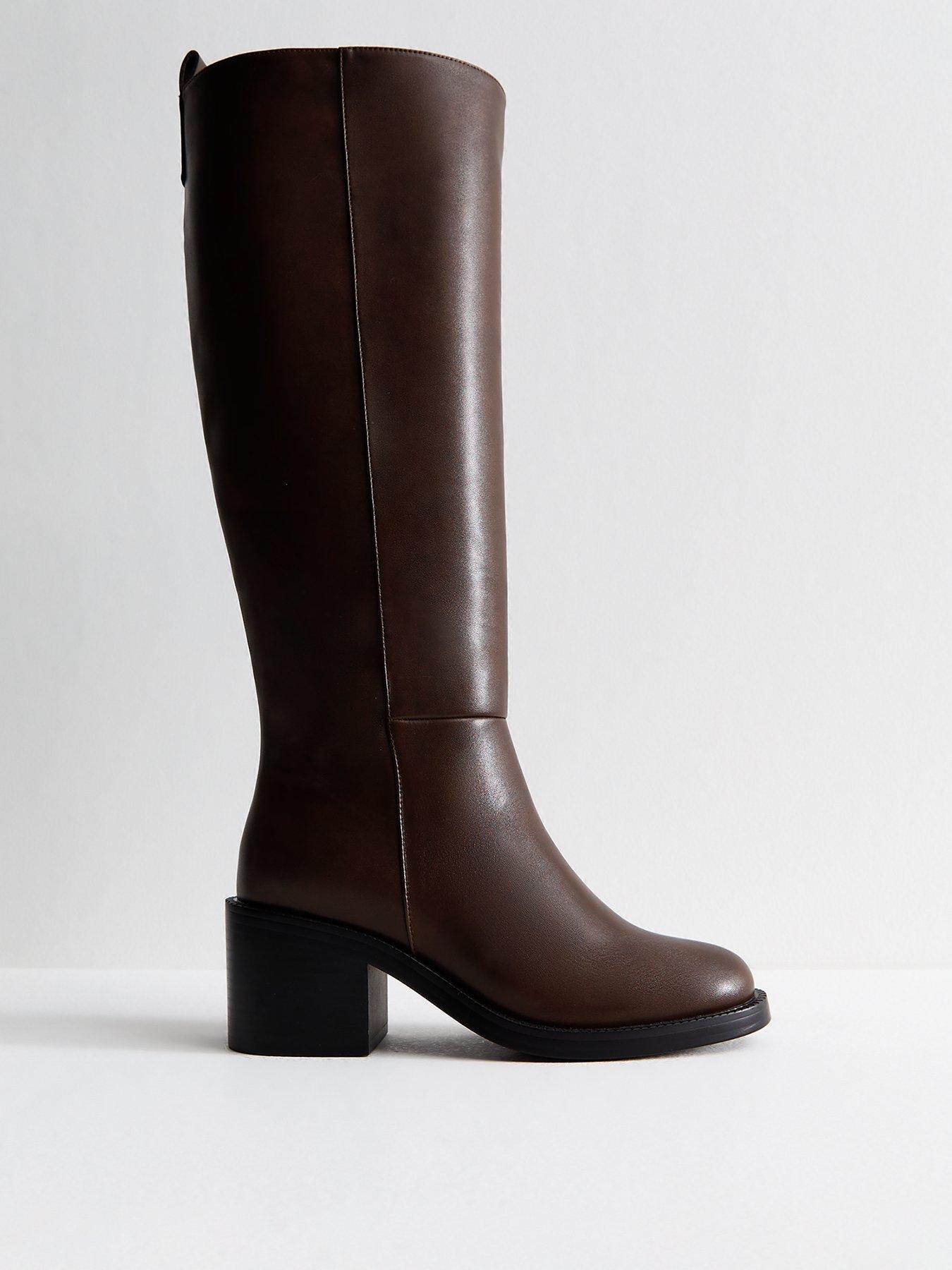 Image 1 of 5 of New Look Faux Leather Heeled Knee High Boots - Dark Brown