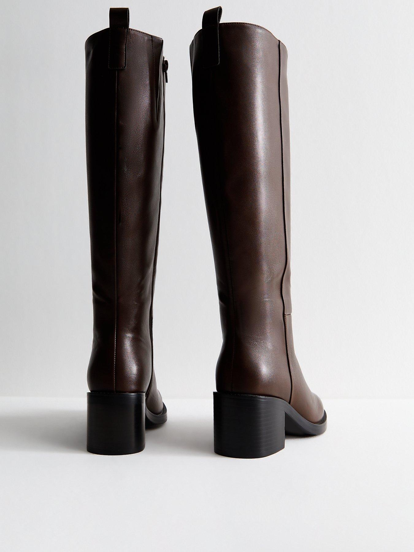 Image 3 of 5 of New Look Faux Leather Heeled Knee High Boots - Dark Brown