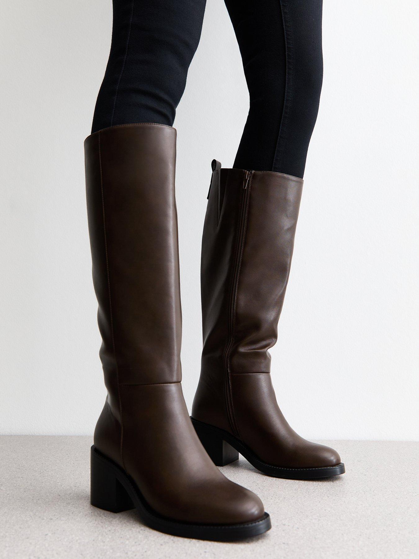 Image 4 of 5 of New Look Faux Leather Heeled Knee High Boots - Dark Brown