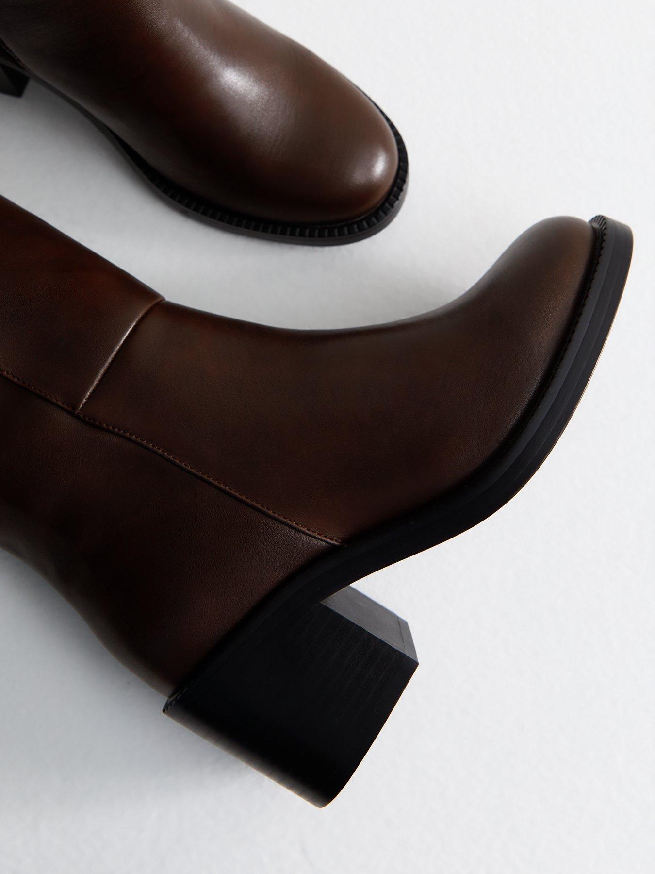 Image 5 of 5 of New Look Faux Leather Heeled Knee High Boots - Dark Brown