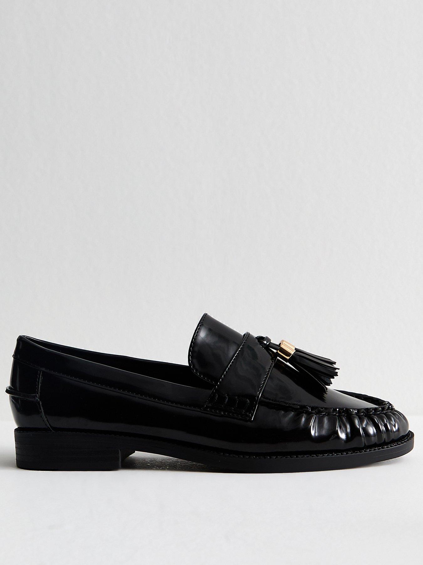 stillFront image of new-look-wide-fit-black-patent-faux-leather-tassel-detail-loafers