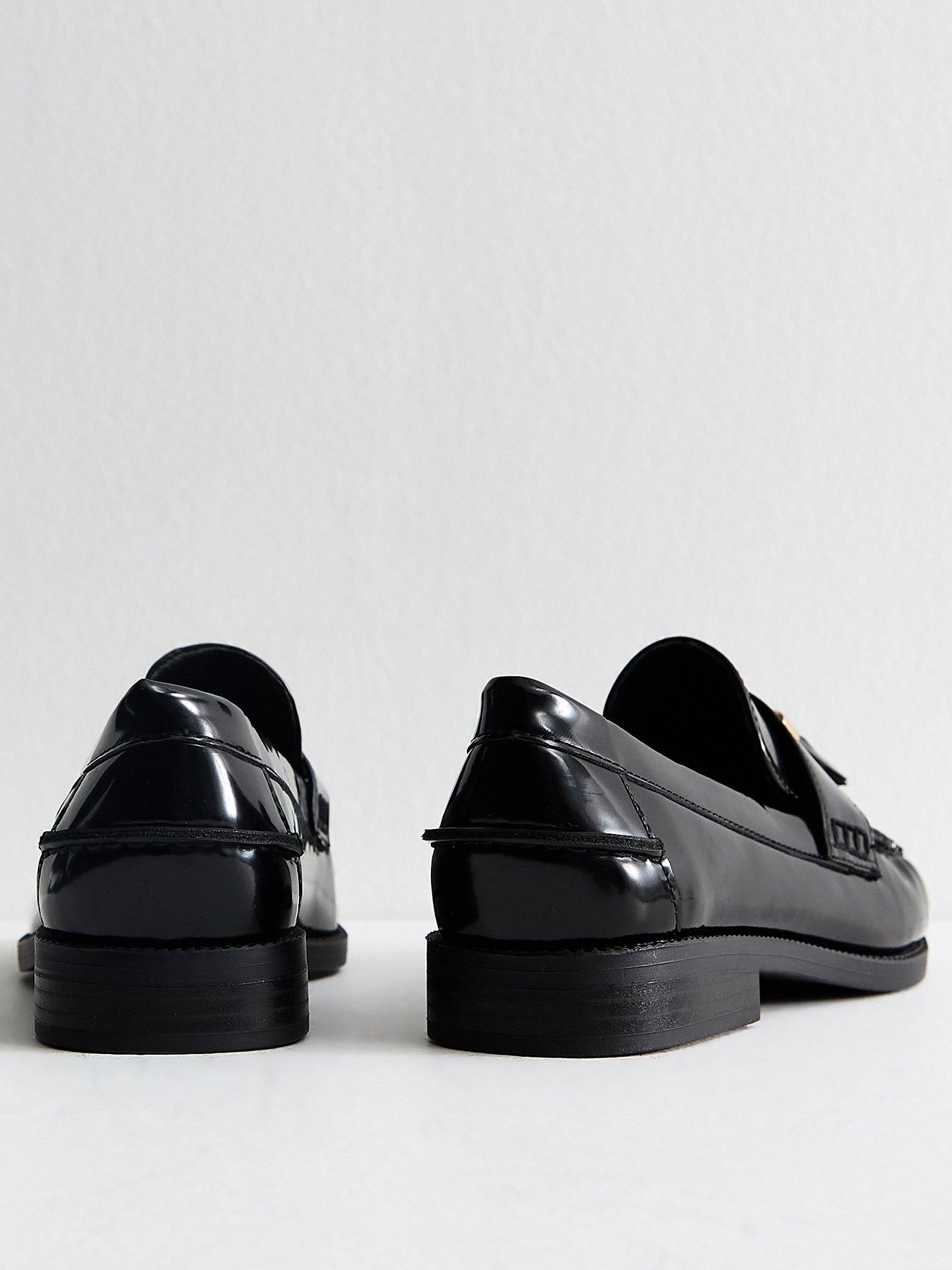  image of new-look-wide-fit-black-patent-faux-leather-tassel-detail-loafers
