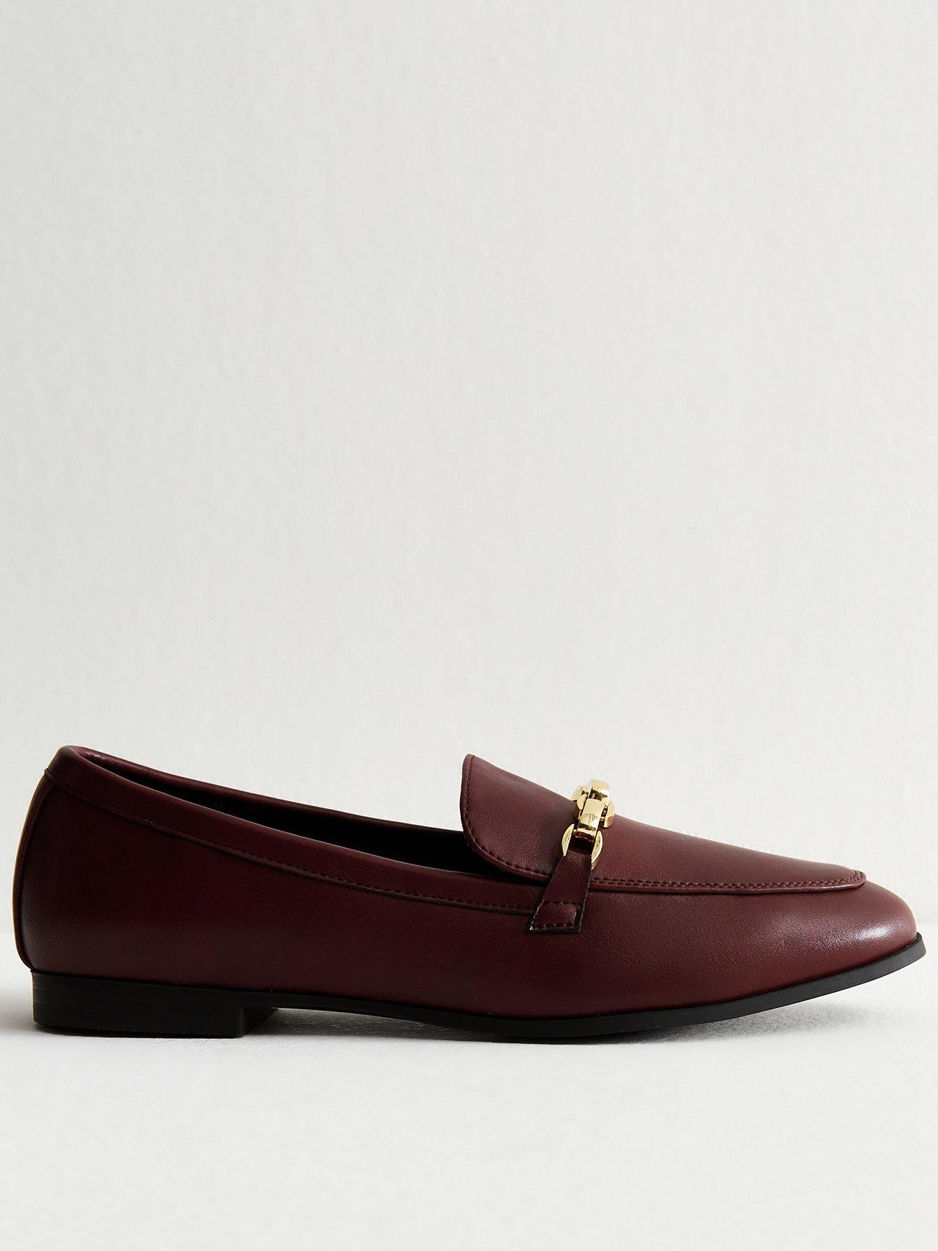  image of new-look-wide-fit-dark-burgundy-faux-leather-chain-trim-loafers