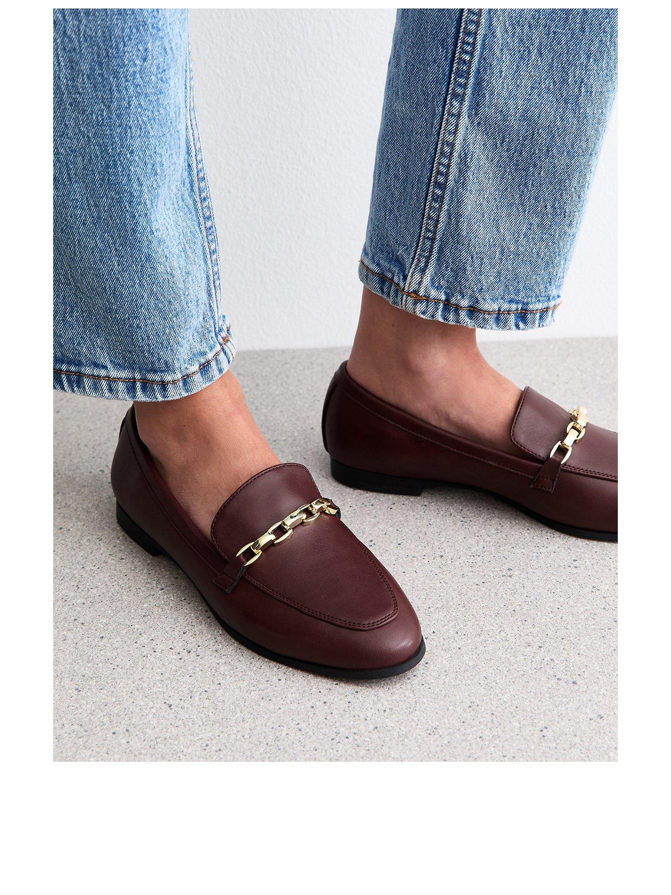 stillFront image of new-look-wide-fit-dark-burgundy-faux-leather-chain-trim-loafers
