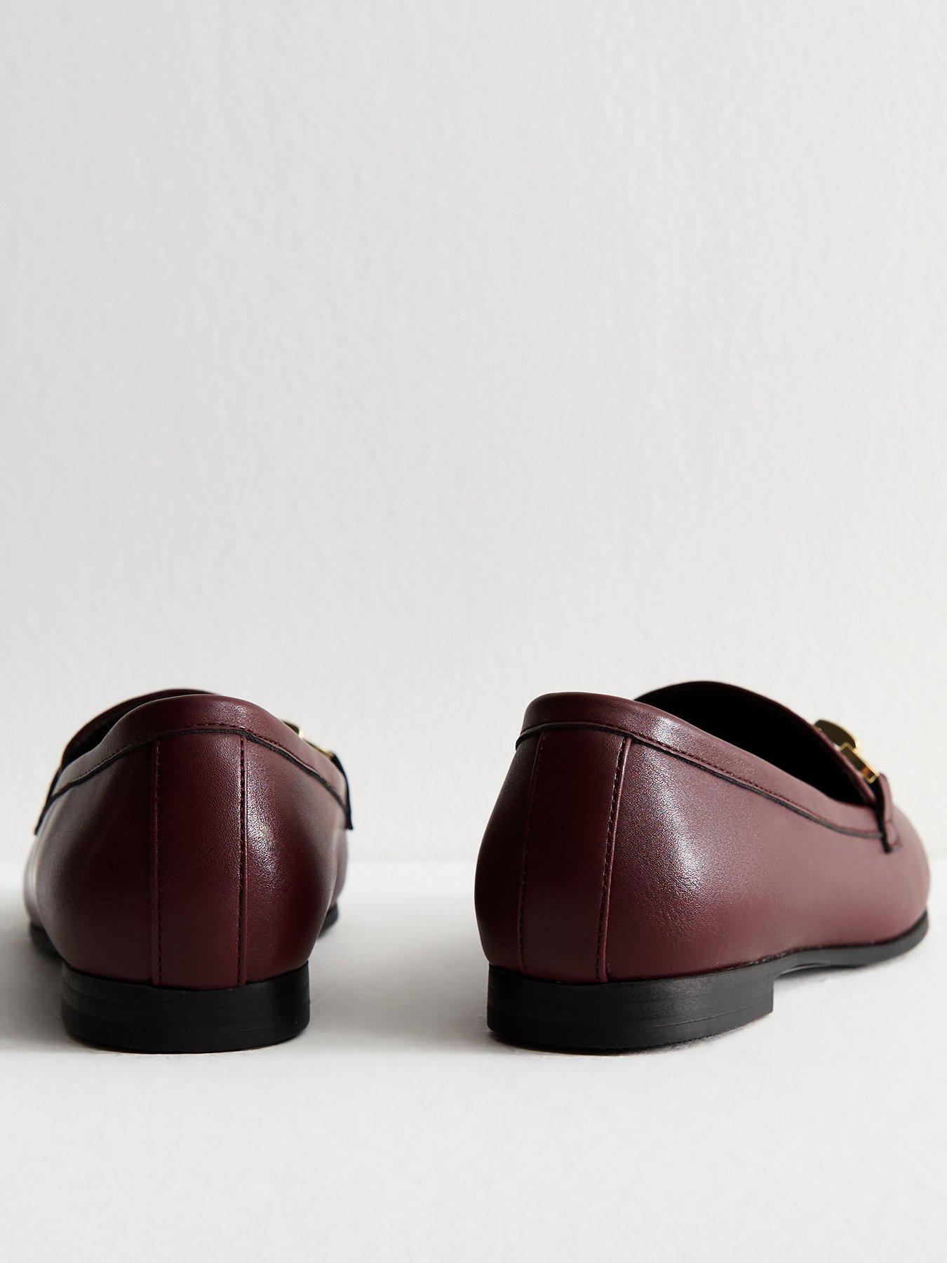  image of new-look-wide-fit-dark-burgundy-faux-leather-chain-trim-loafers