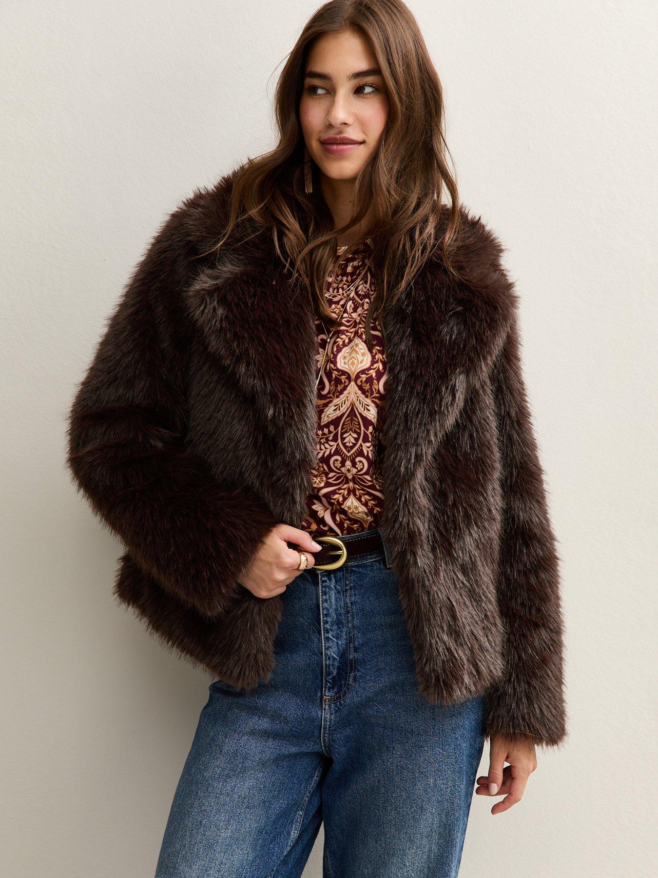  image of new-look-faux-fur-coat-dark-brown