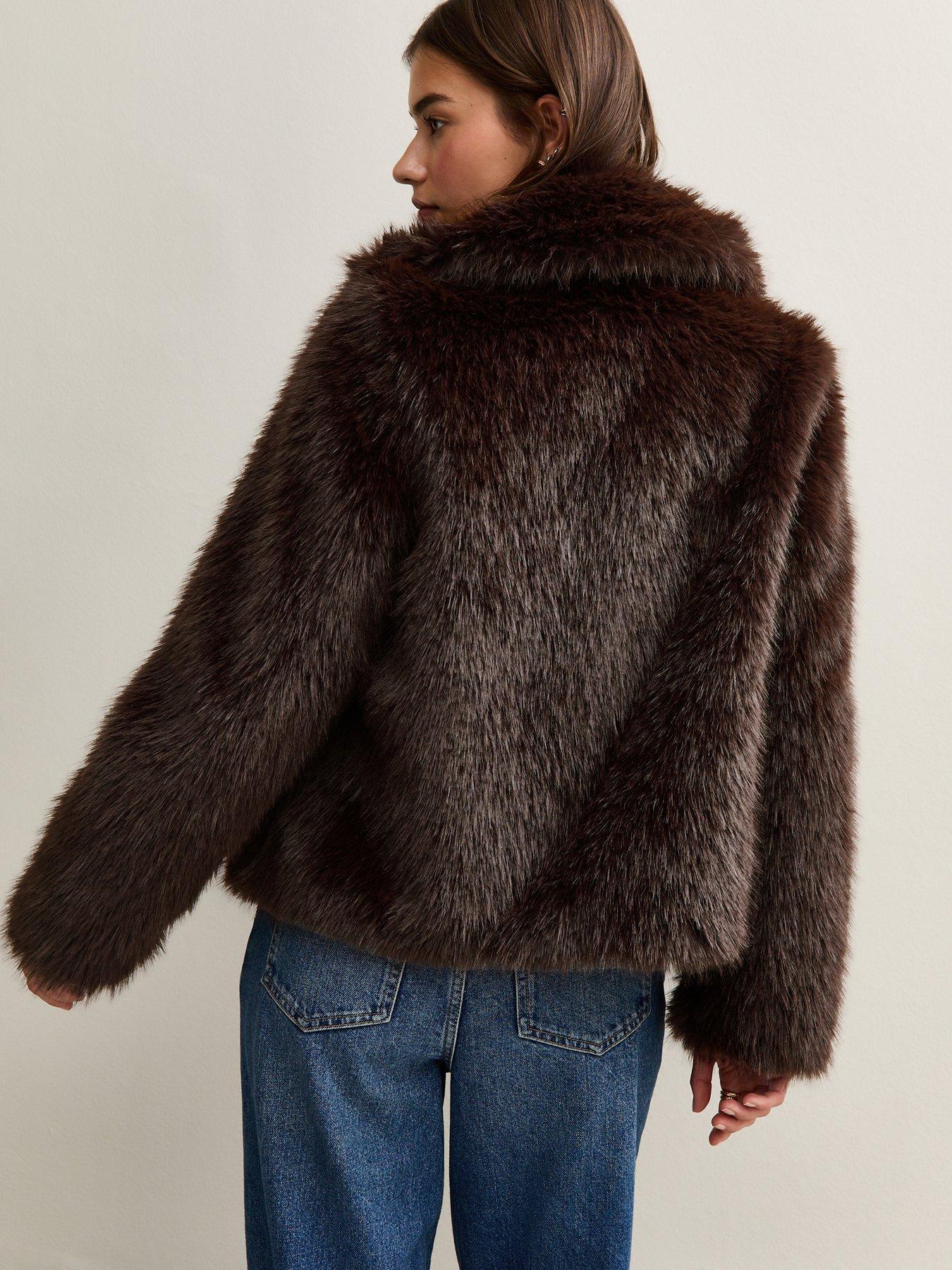  image of new-look-faux-fur-coat-dark-brown