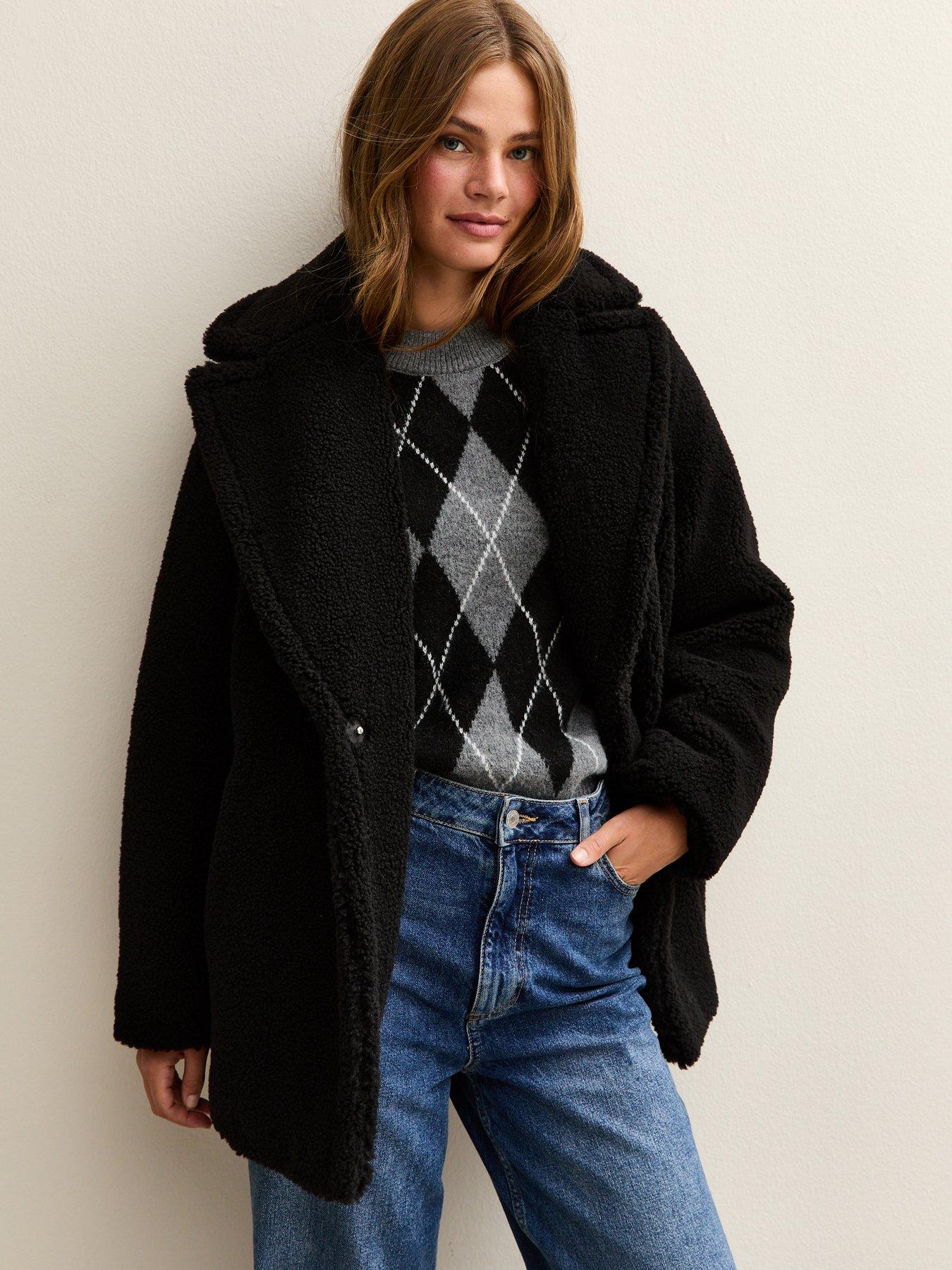 New Look Collared Long Sleeve Borg Coat - Black