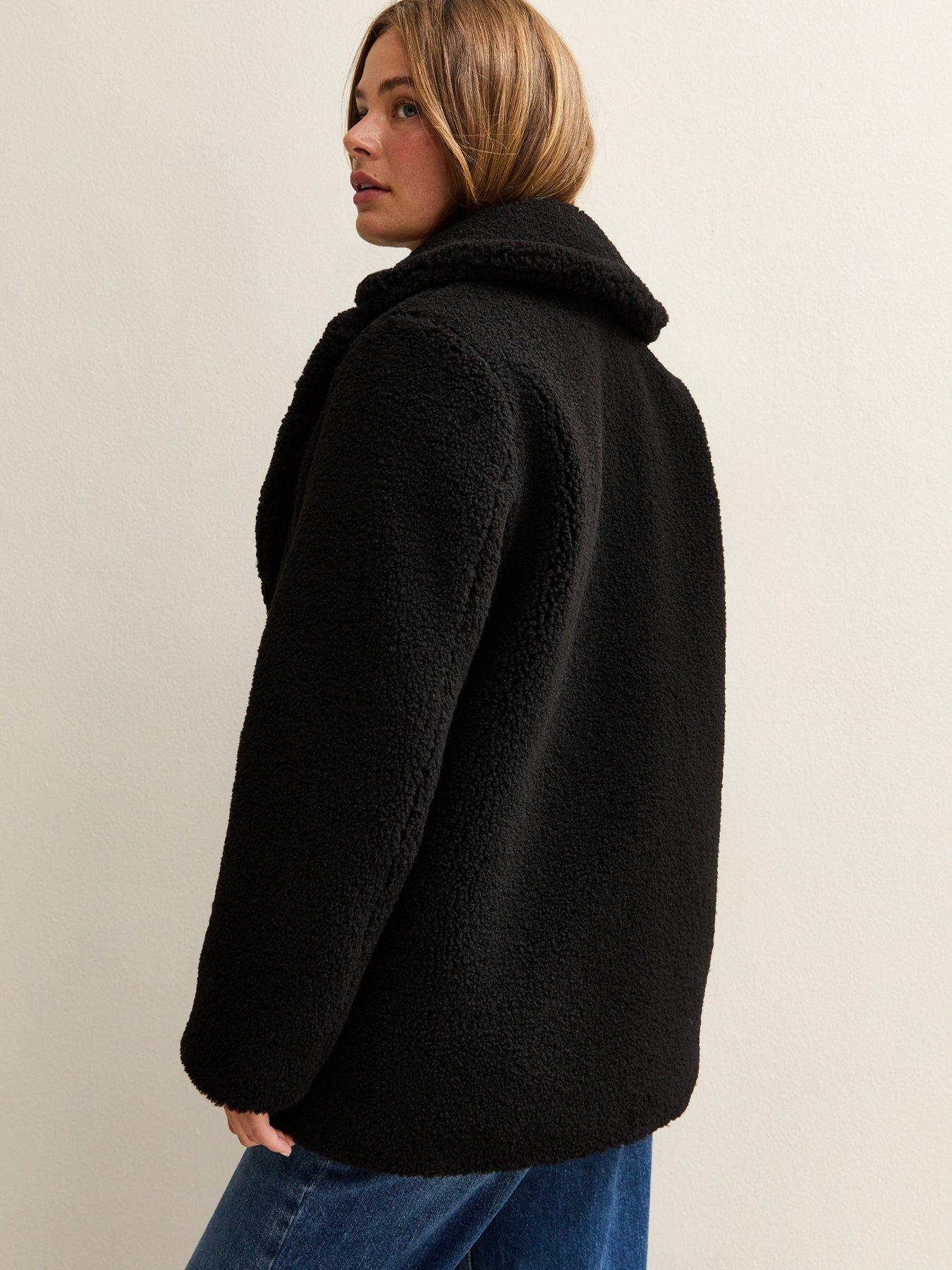  image of new-look-collared-long-sleeve-borg-coat-black