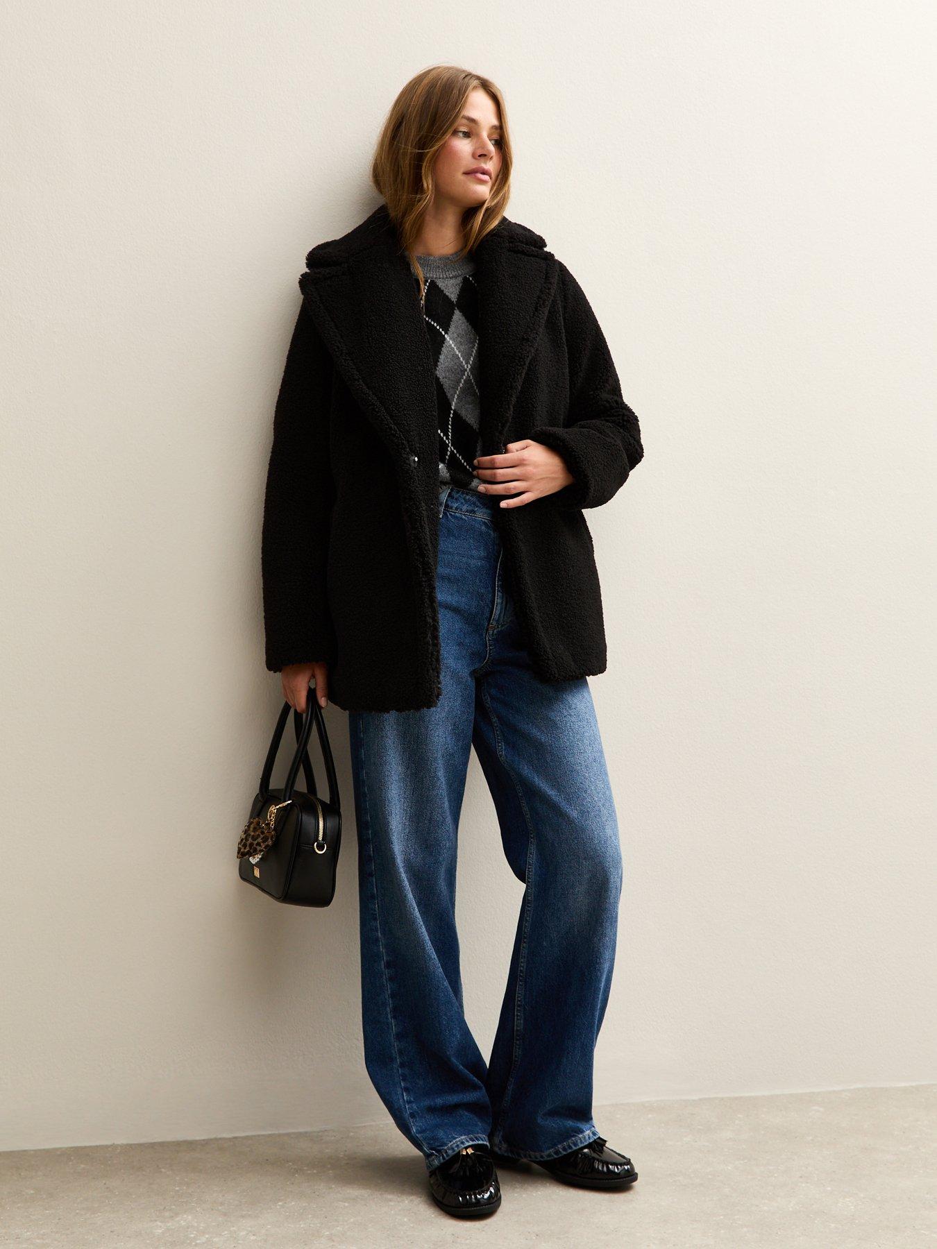  image of new-look-collared-long-sleeve-borg-coat-black