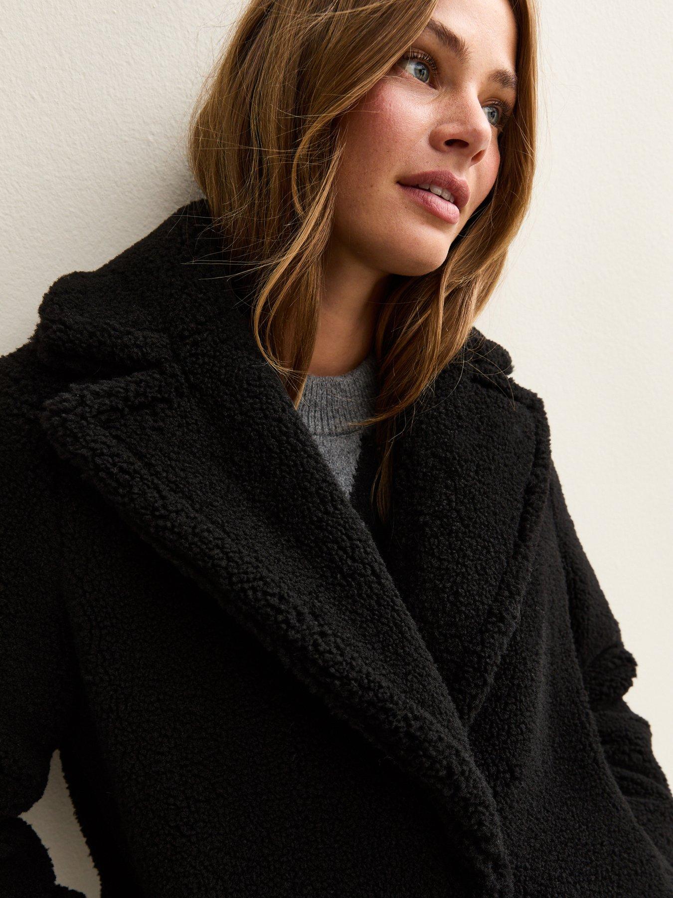  image of new-look-collared-long-sleeve-borg-coat-black