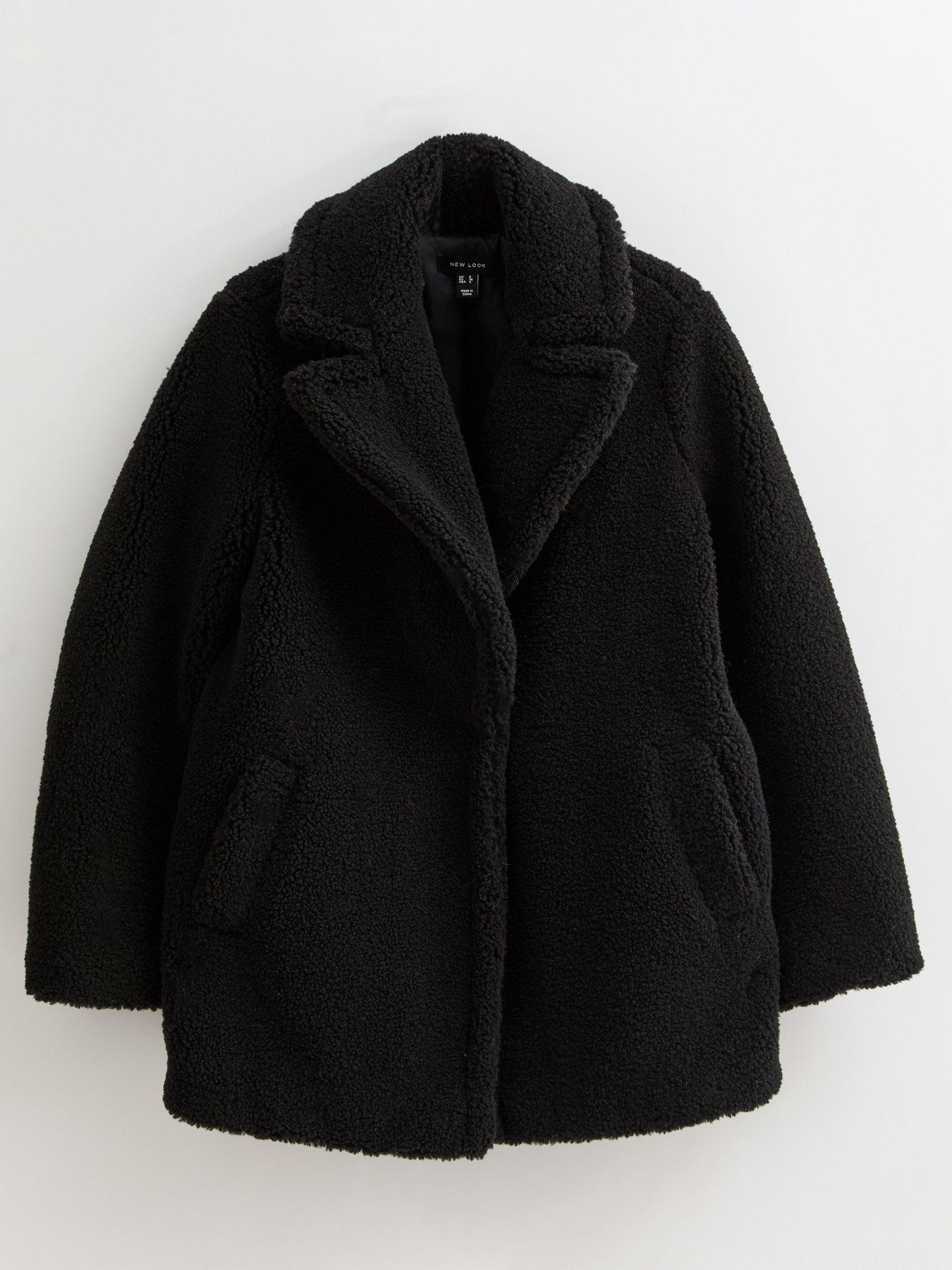  image of new-look-collared-long-sleeve-borg-coat-black