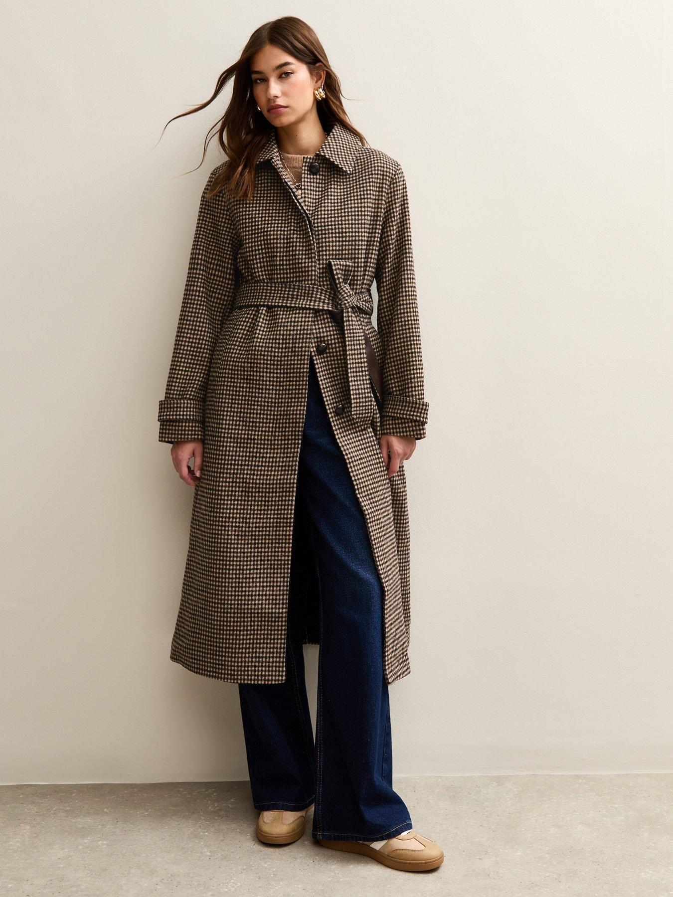 New Look Checked Belted Longline Coat - Brown