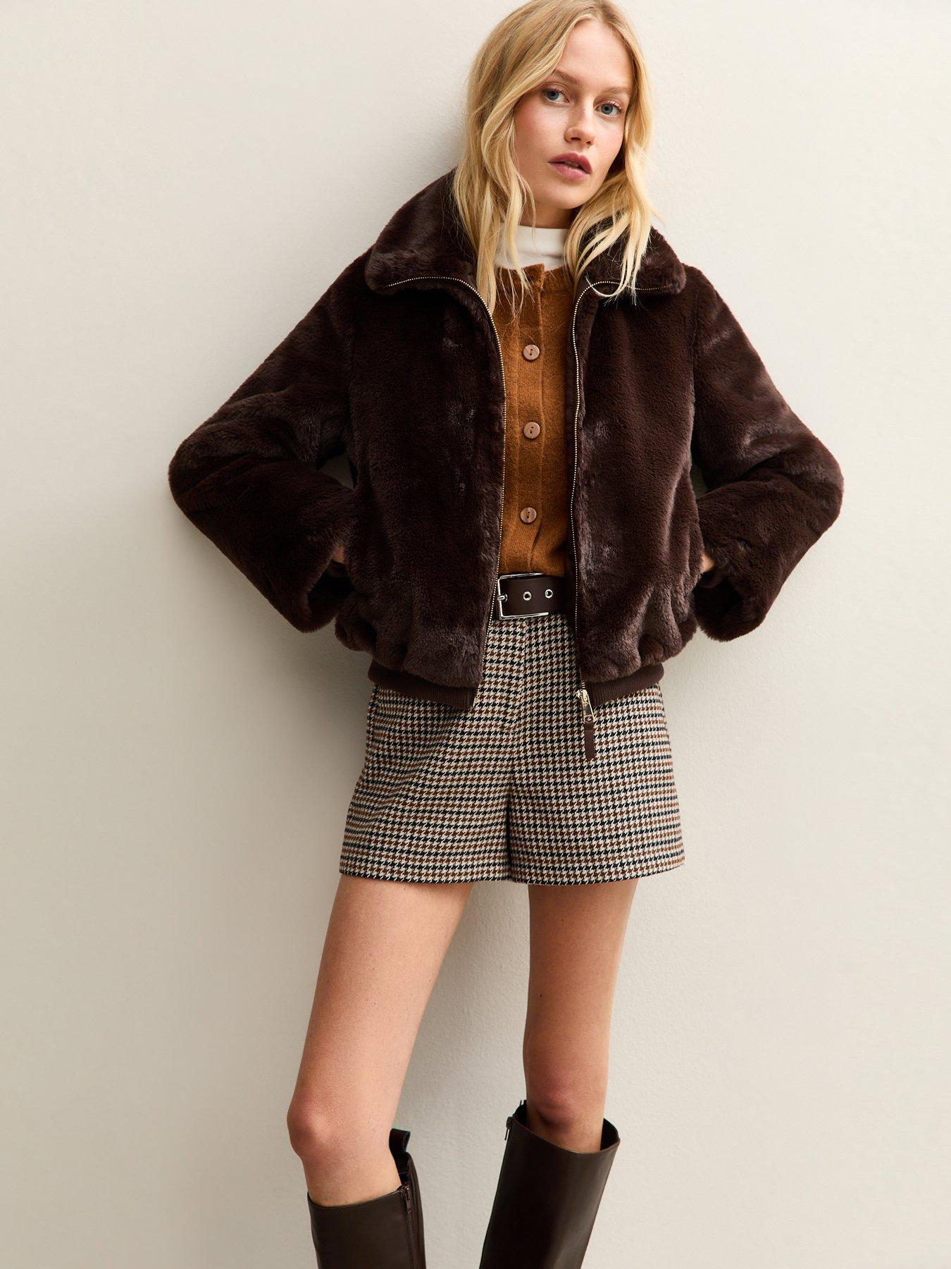 New Look Faux Fur Bomber Jacket - Dark Brown