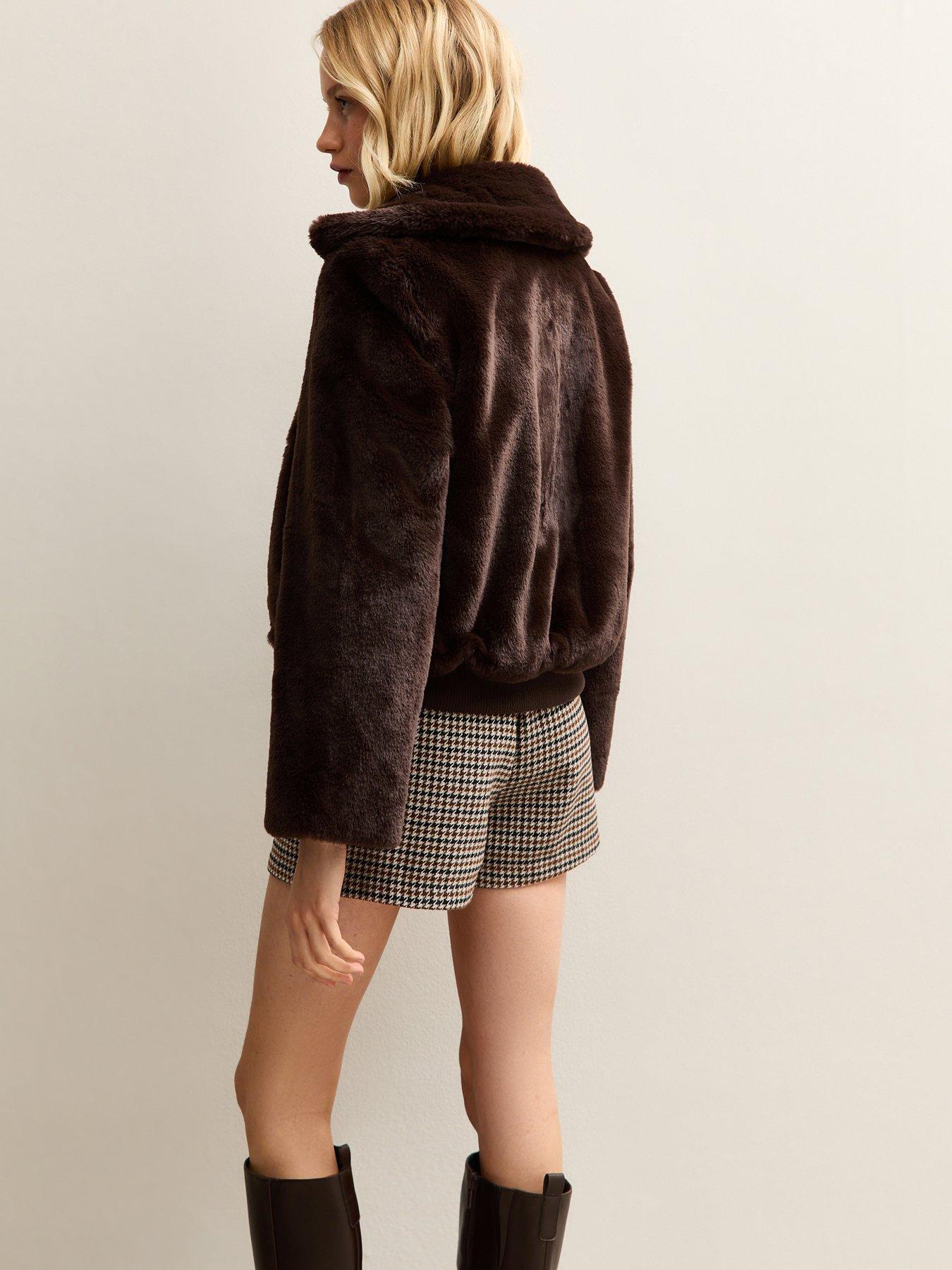  image of new-look-faux-fur-bomber-jacket-dark-brown