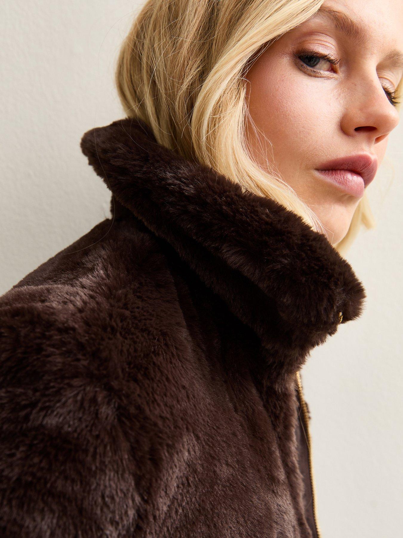  image of new-look-faux-fur-bomber-jacket-dark-brown