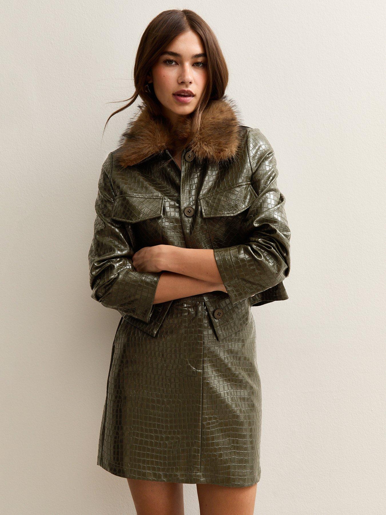 New Look Green Faux Leather Crocodile Embossed Long Sleeve Jacket
