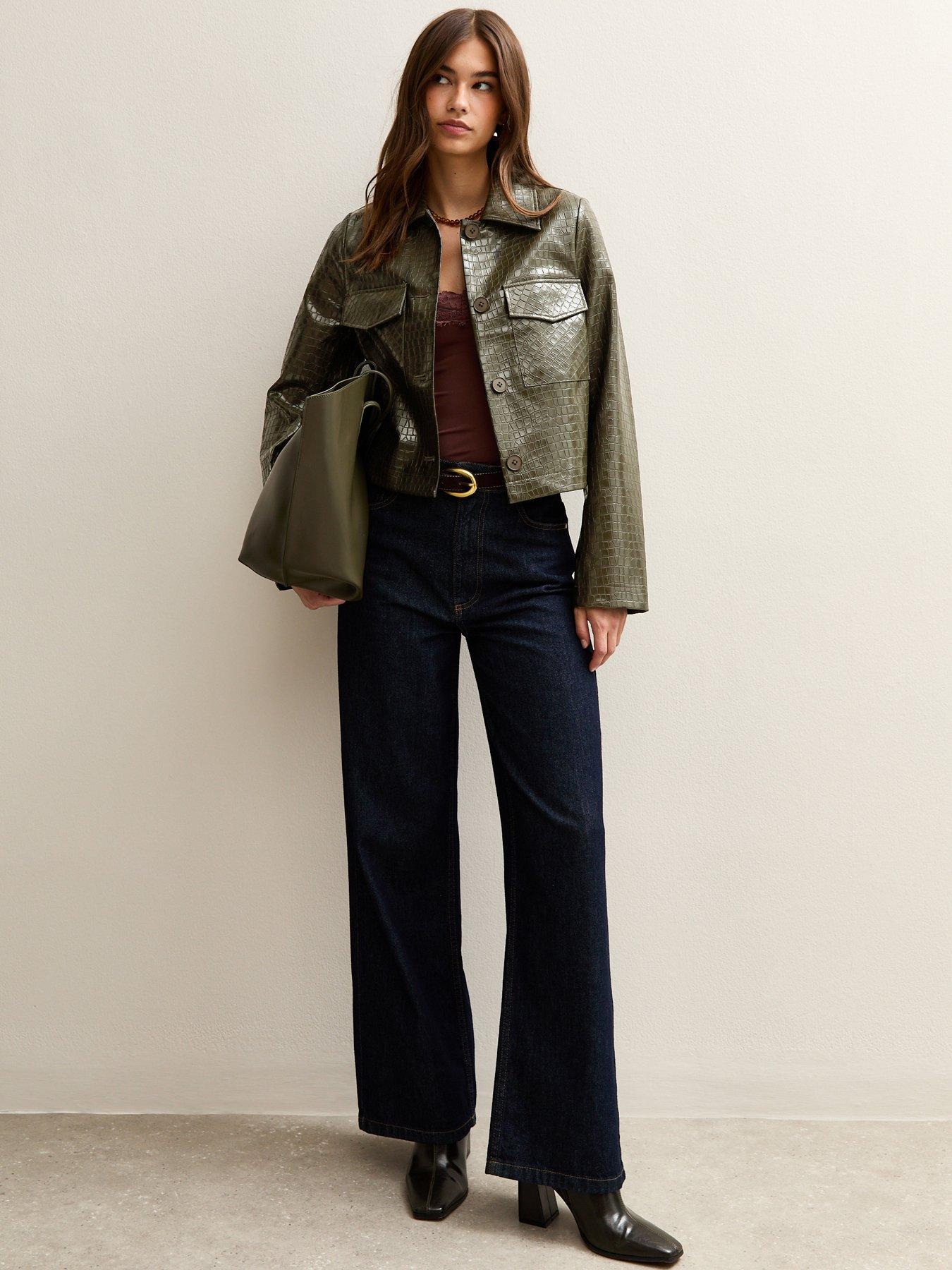 front image of new-look-faux-leather-crocodile-embossed-detachable-faux-fur-long-sleeve-jacket-green