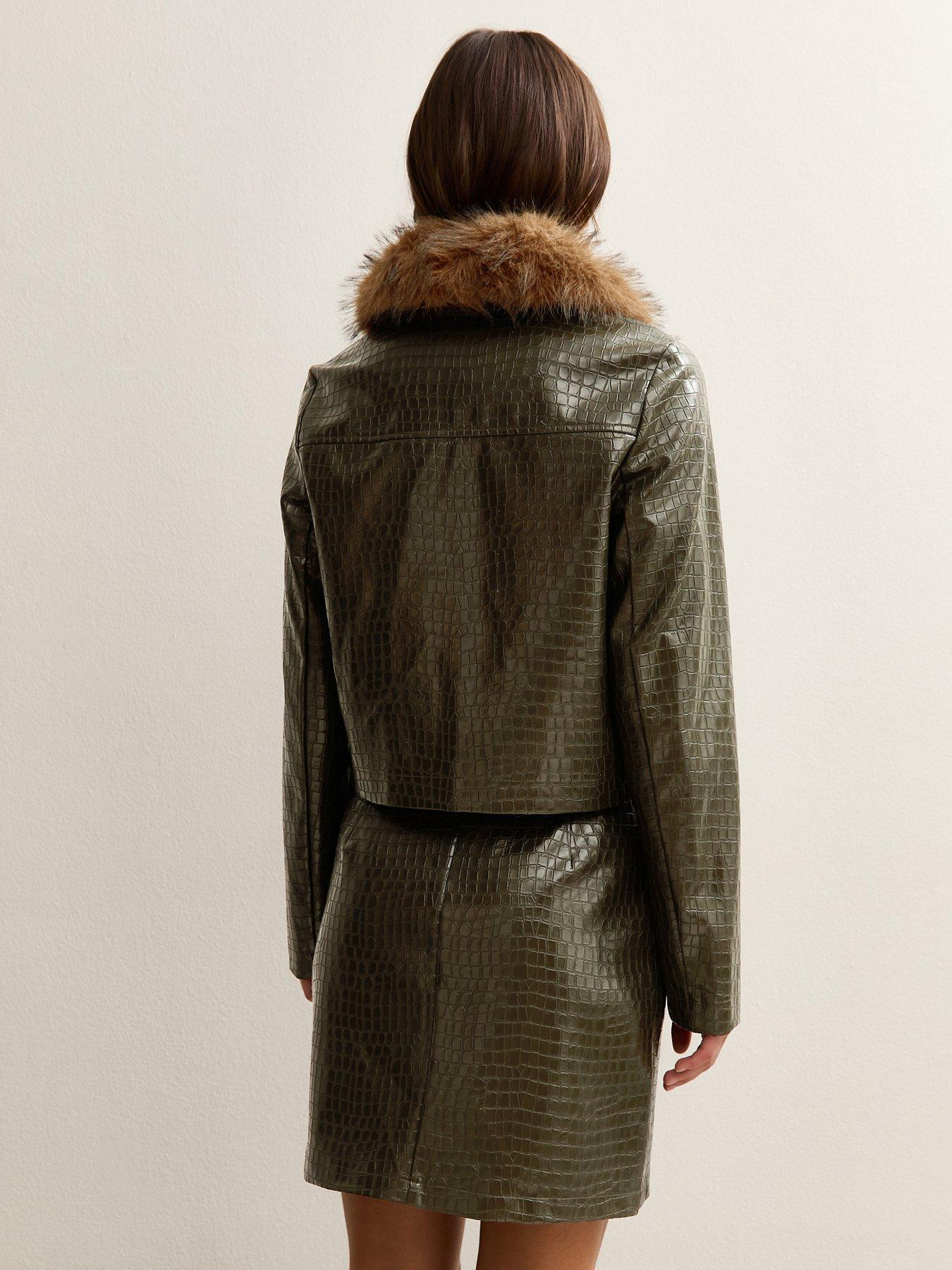 Image 2 of 6 of New Look Faux Leather Crocodile Embossed Detachable Faux Fur Long Sleeve Jacket - Green
