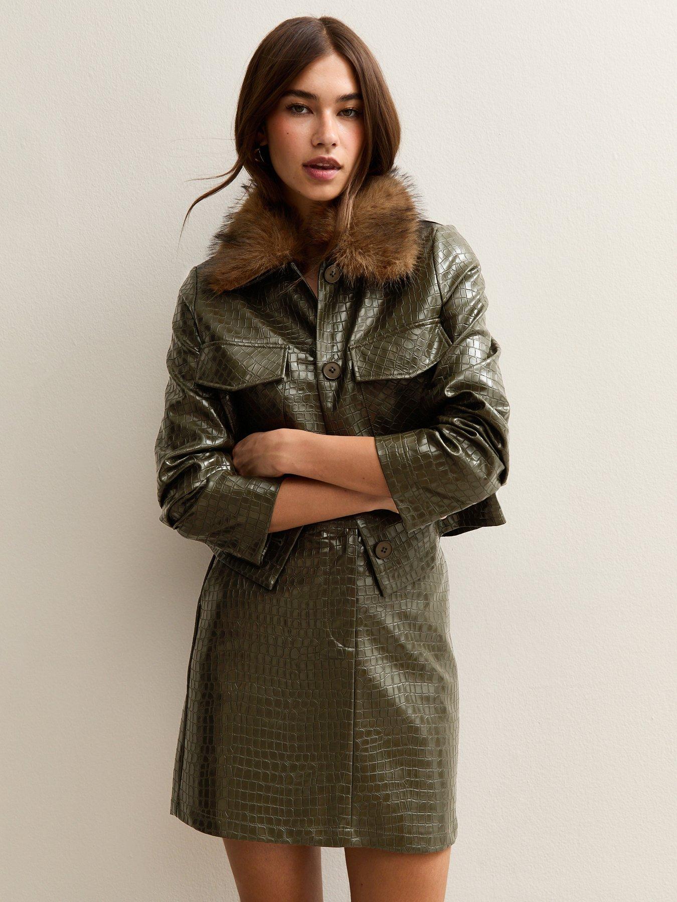 Image 4 of 6 of New Look Faux Leather Crocodile Embossed Detachable Faux Fur Long Sleeve Jacket - Green