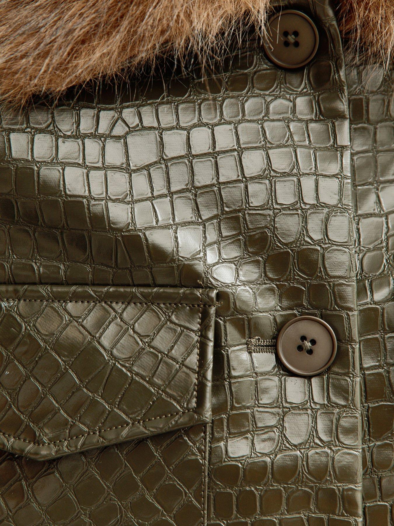 Image 6 of 6 of New Look Faux Leather Crocodile Embossed Detachable Faux Fur Long Sleeve Jacket - Green