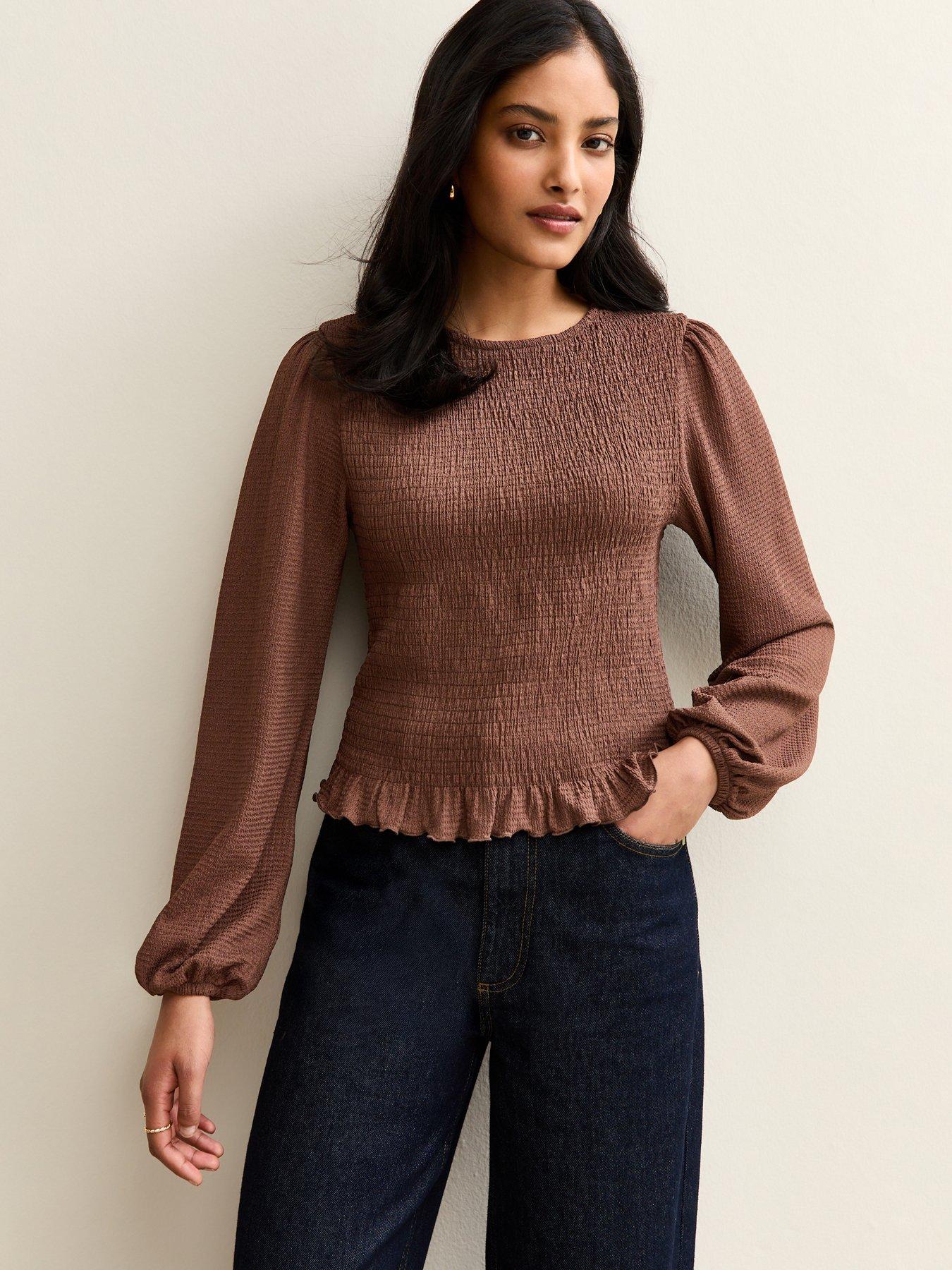 New Look Shirred Textured Long Sleeve Top - Brown
