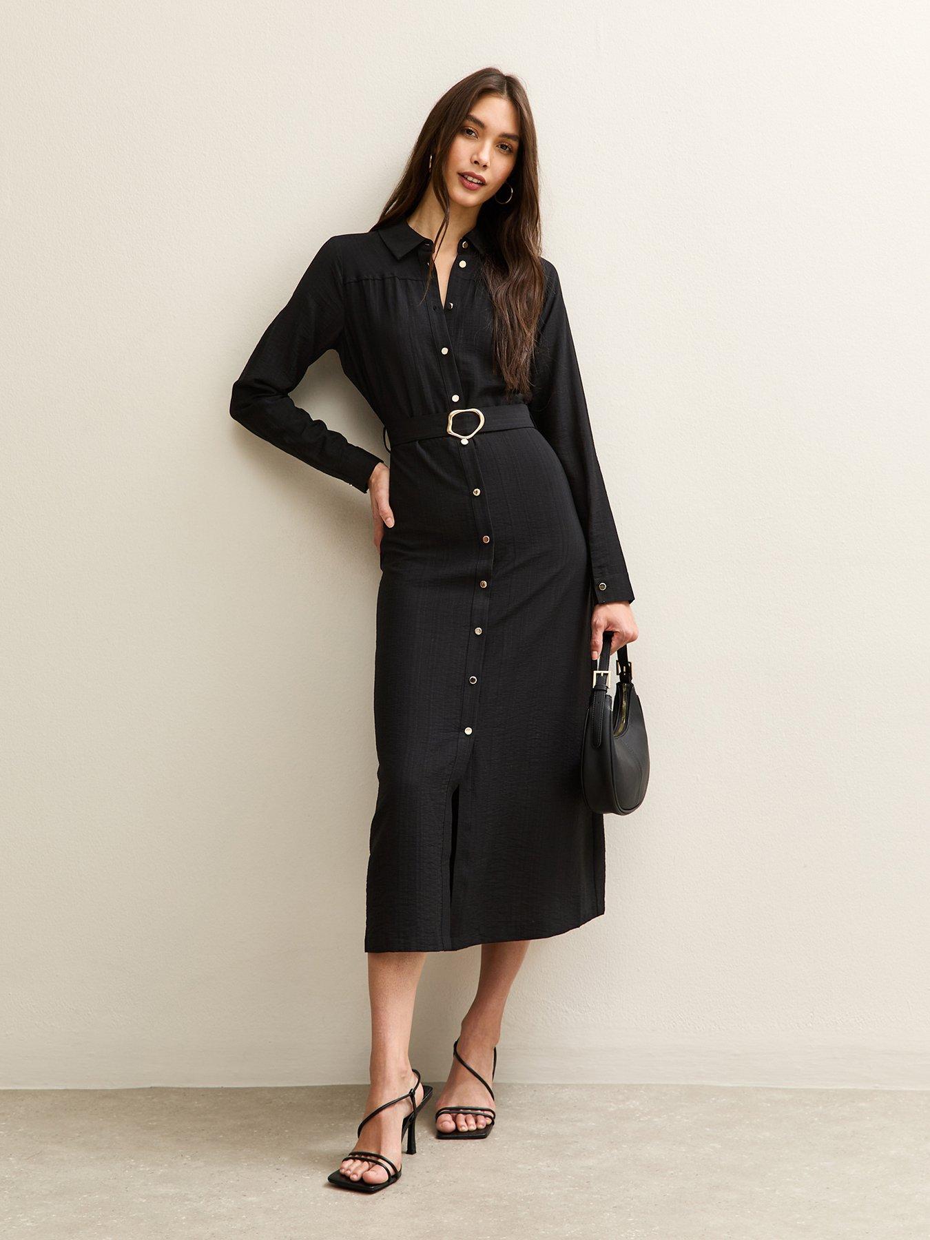 long sleeve midi dress new look New Look Long Sleeve Belted Midi Shirt Dress - Black