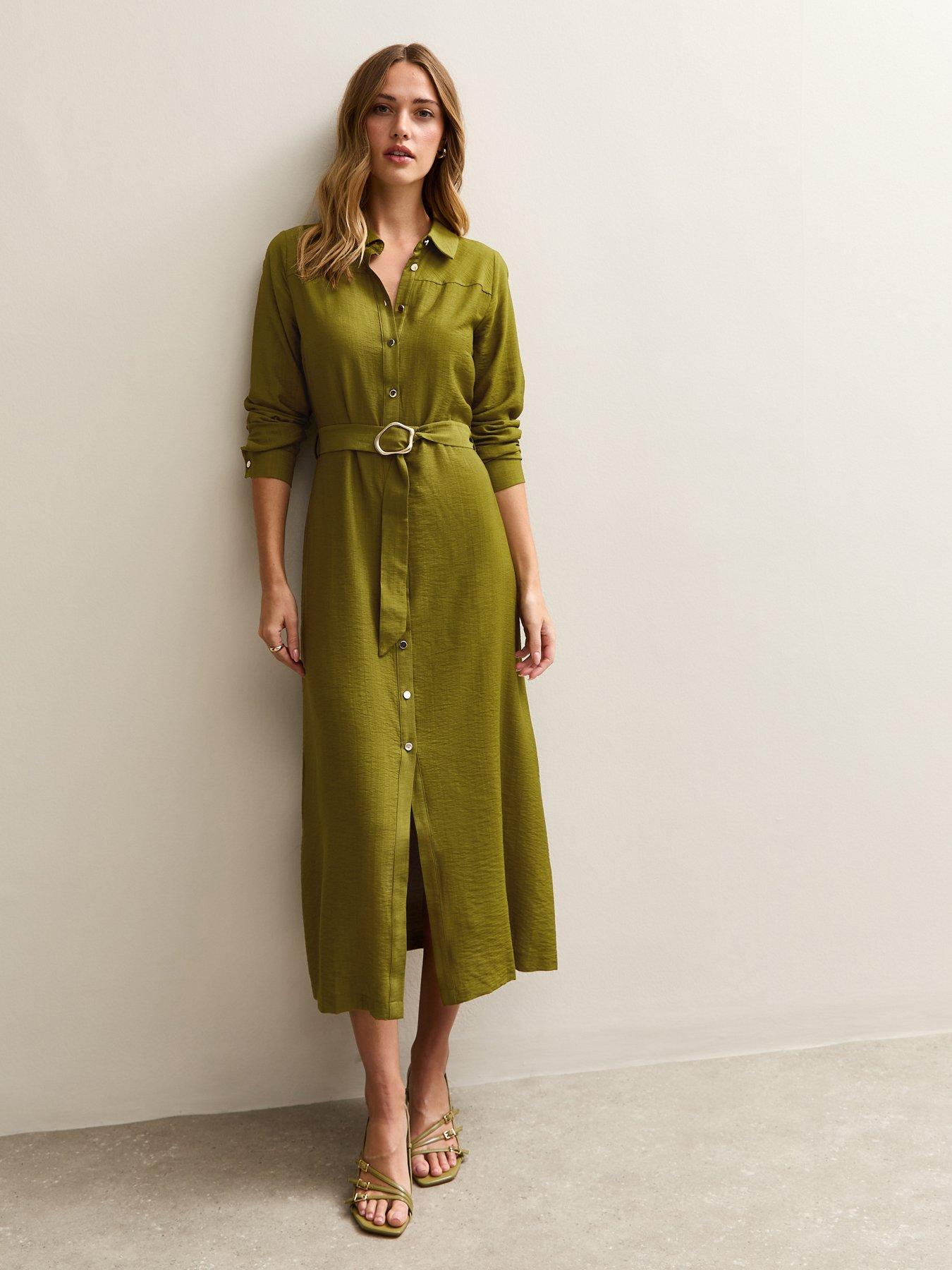 New Look Light Khaki Long Sleeve Belted Midi Shirt Dress | Littlewoods