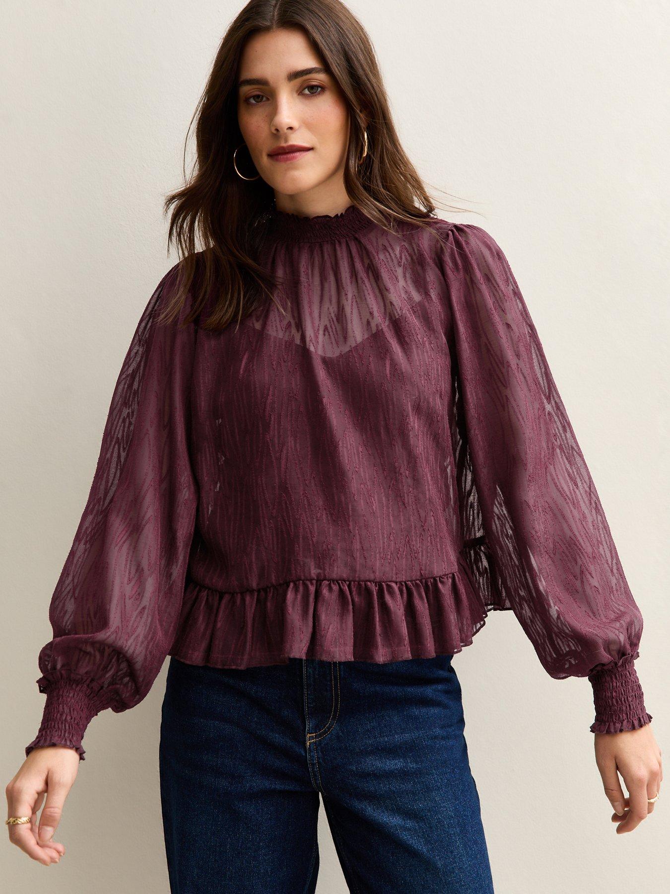 New Look Burgundy Textured Chiffon High Neck Blouse - Red