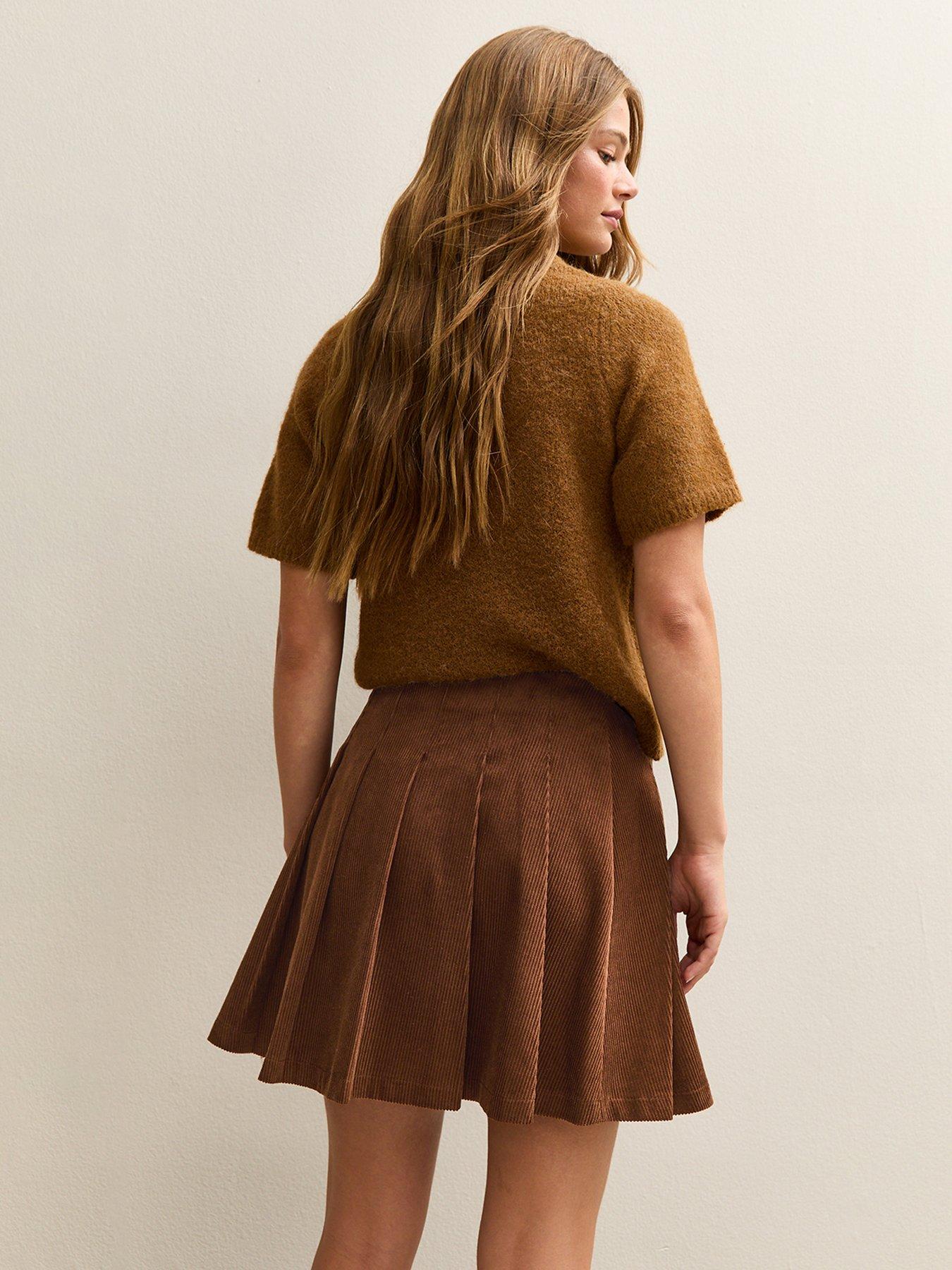 Image 2 of 6 of New Look Corduroy Pleated Buckle Mini Skirt - Brown&nbsp;