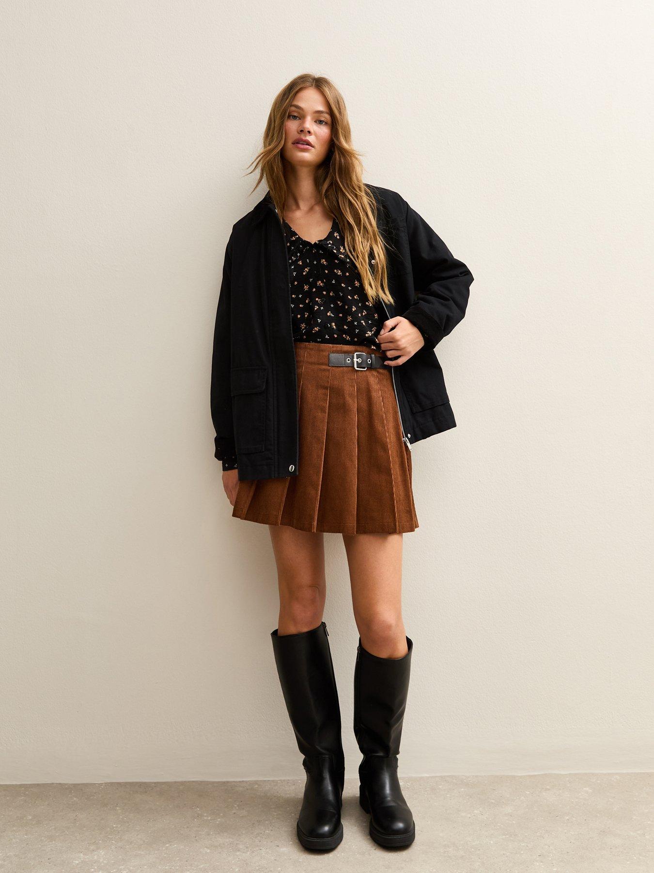  image of new-look-brown-corduroy-pleated-buckle-mini-skirt
