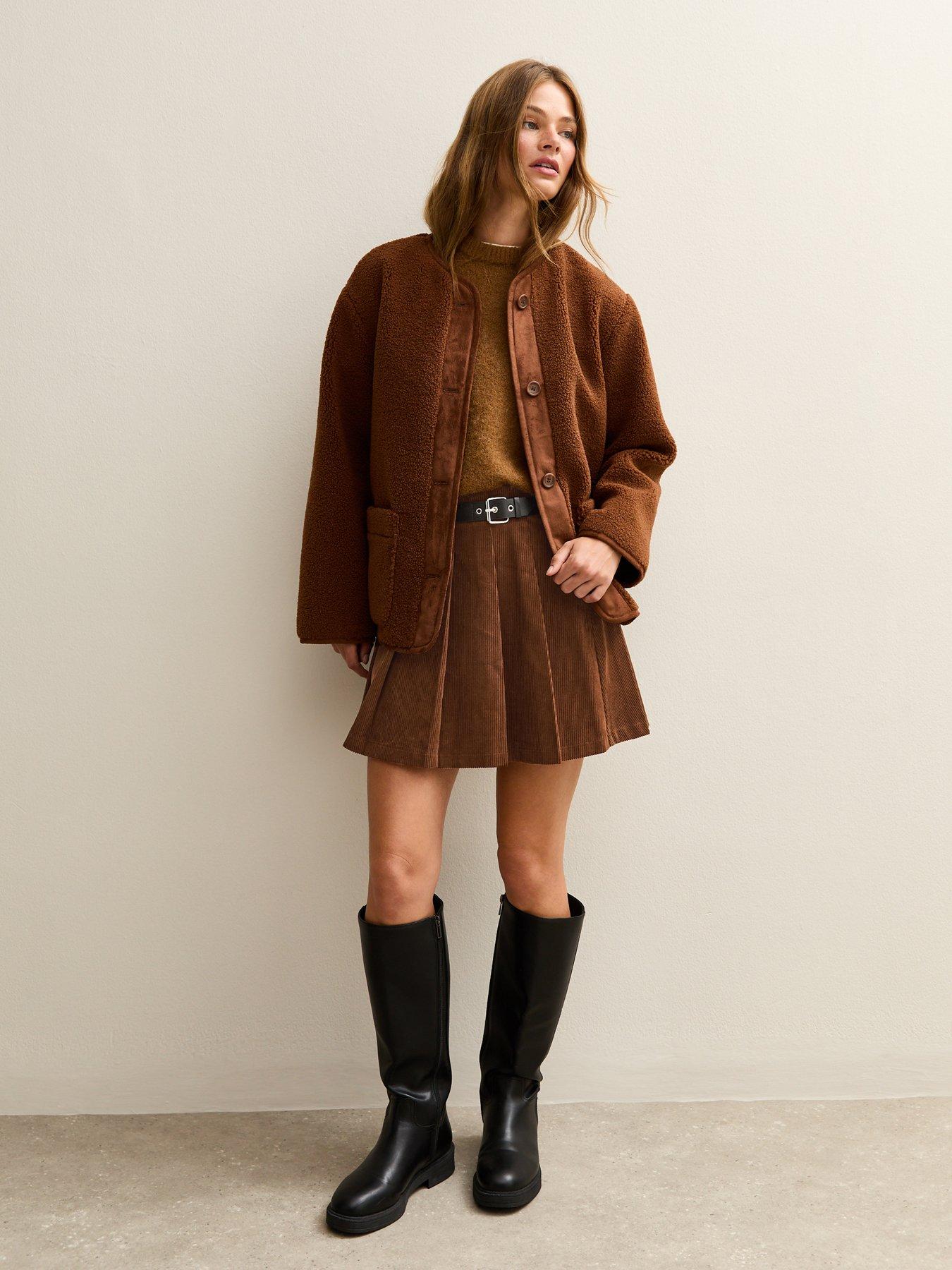 Image 5 of 6 of New Look Corduroy Pleated Buckle Mini Skirt - Brown&nbsp;