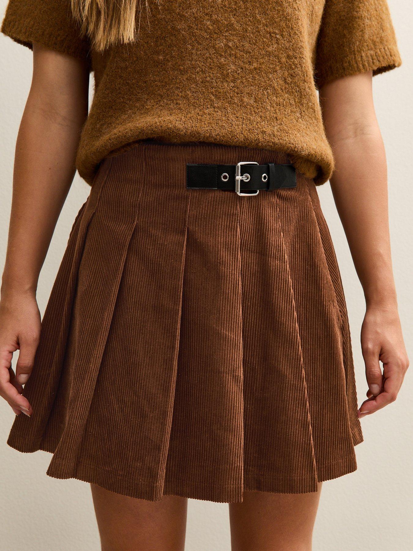  image of new-look-brown-corduroy-pleated-buckle-mini-skirt