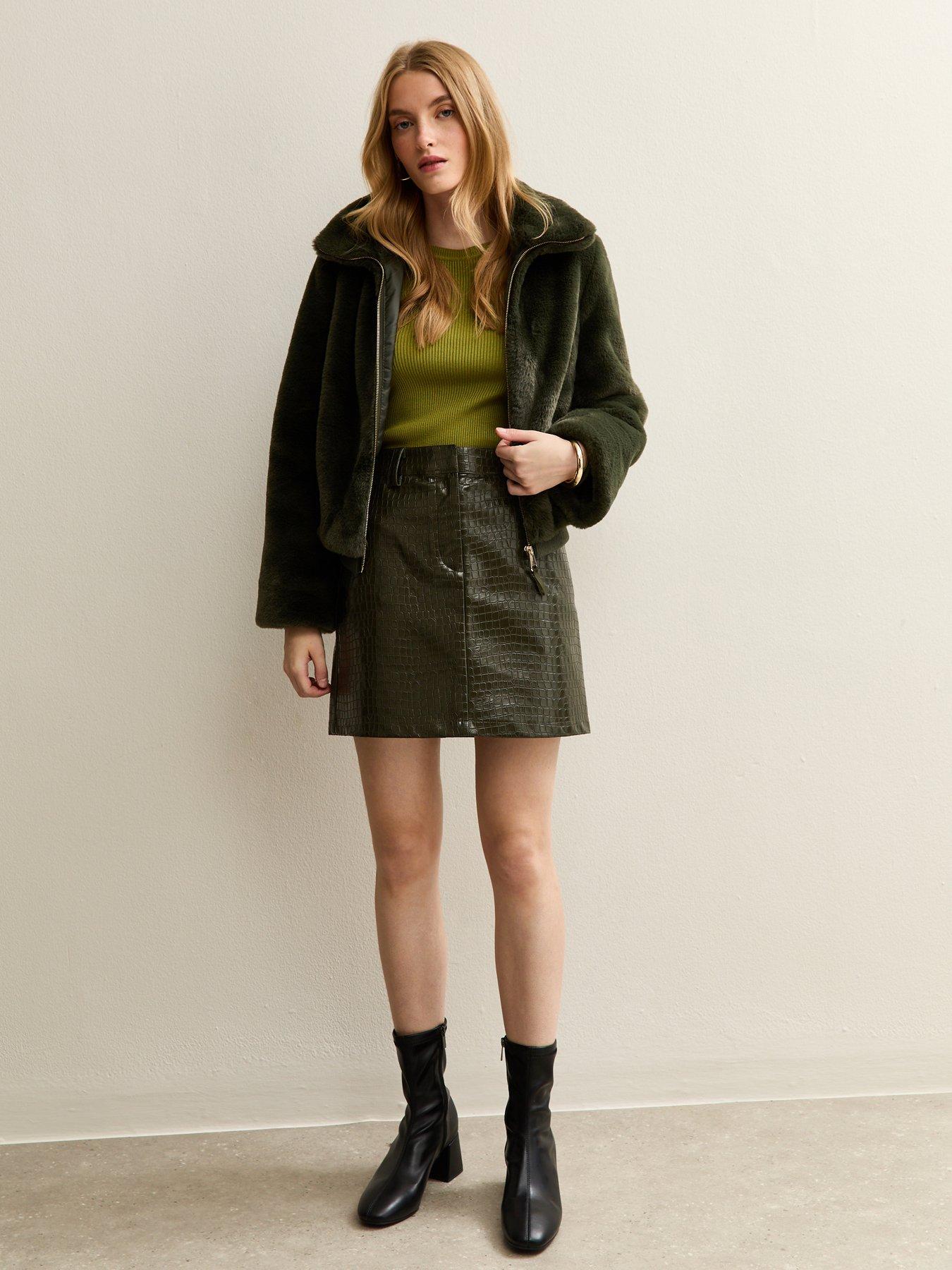 New Look Khaki Crocodile Effect Faux Leather Mini Skirt