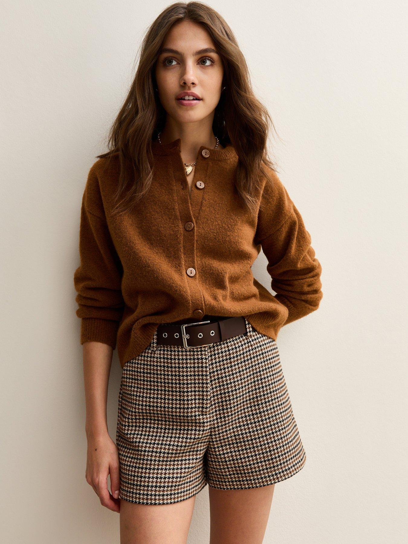 New Look Brown Houndstooth Check Belted Shorts