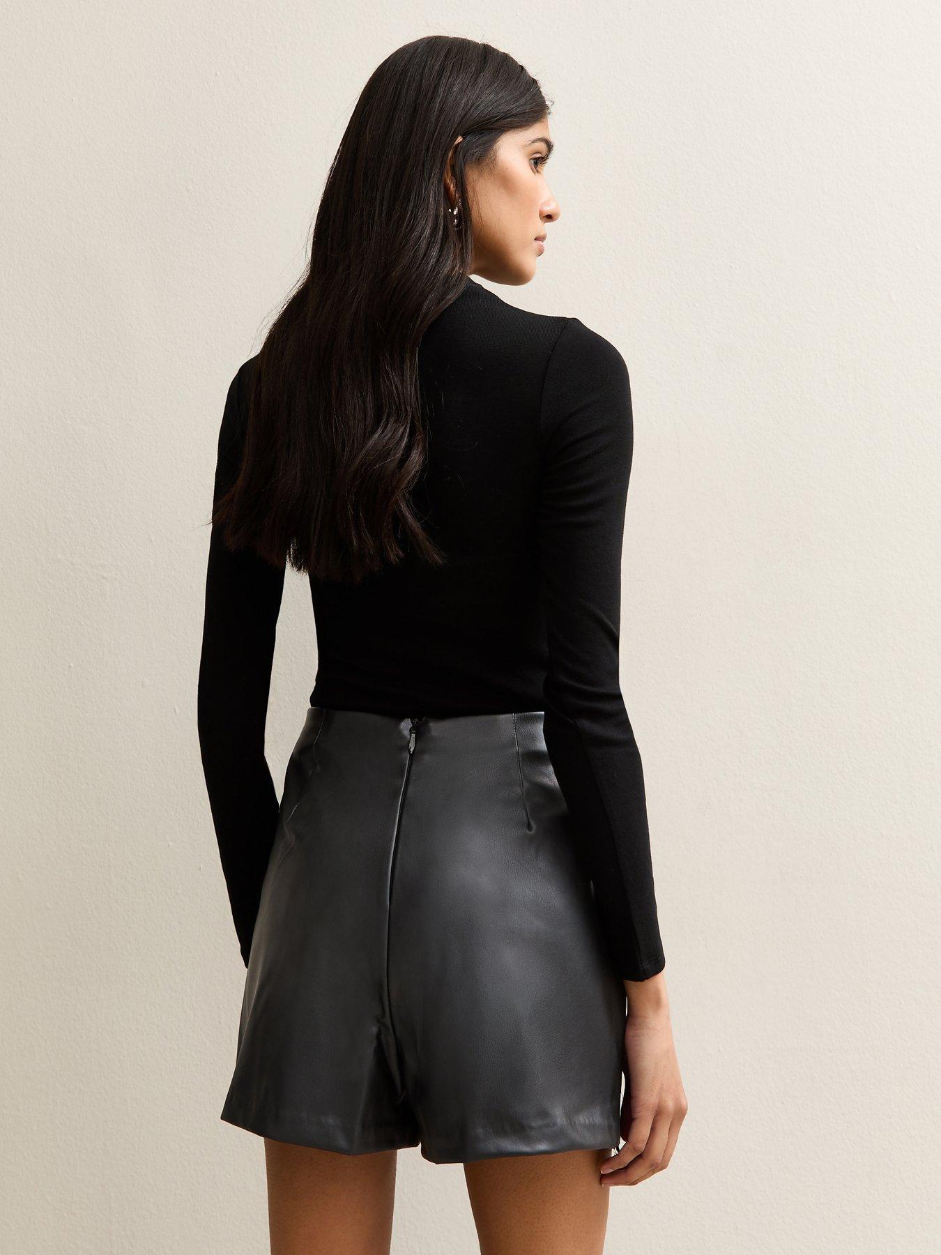  image of new-look-black-faux-leather-lace-trim-wrap-mini-skort