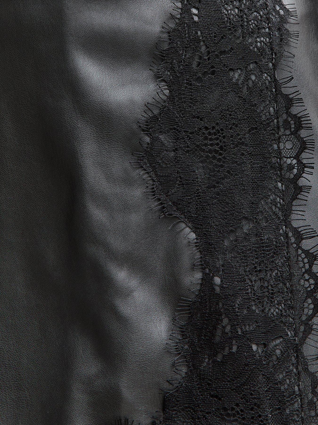  image of new-look-black-faux-leather-lace-trim-wrap-mini-skort