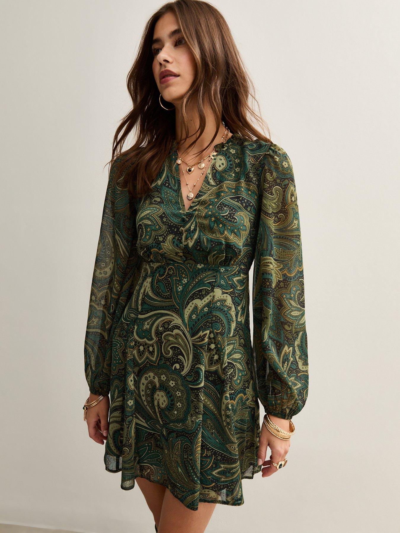 Image 1 of 4 of New Look Paisley Print Chiffon Long Sleeve Mini Dress - Green